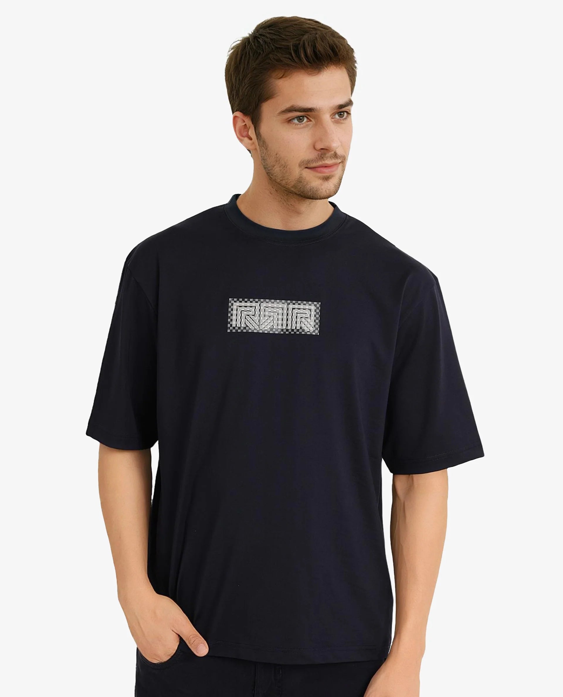 Rare Rabbit Men Fobo Navy Cotton Polyester Lycra Fabric Short Sleeve Crew Neck Oversized Fit Monogram Chest Print T-Shirt