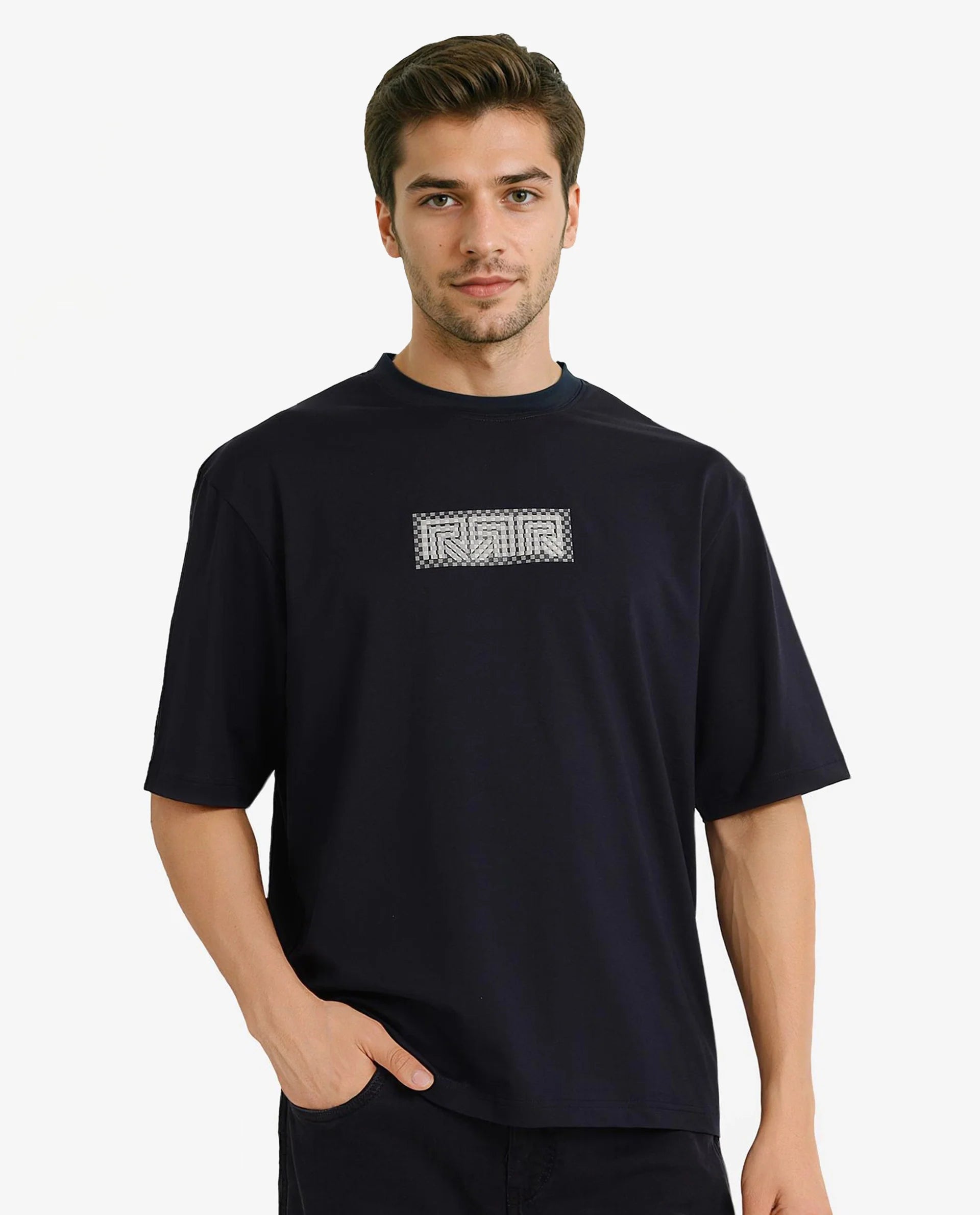 Rare Rabbit Men Fobo Navy Cotton Polyester Lycra Fabric Short Sleeve Crew Neck Oversized Fit Monogram Chest Print T-Shirt