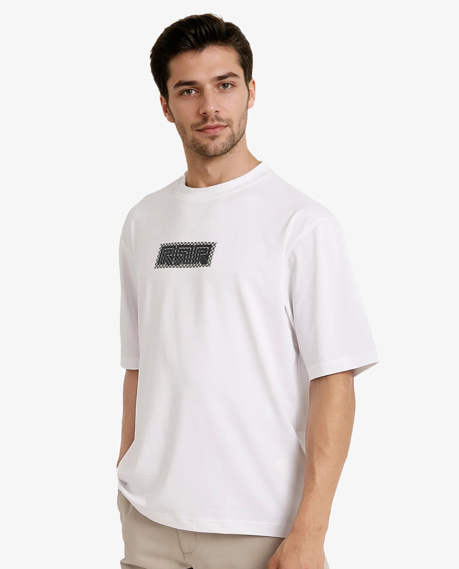 Rare Rabbit Men Fobo White Cotton Polyester Lycra Fabric Short Sleeve Crew Neck Oversized Fit Monogram Chest Print T-Shirt