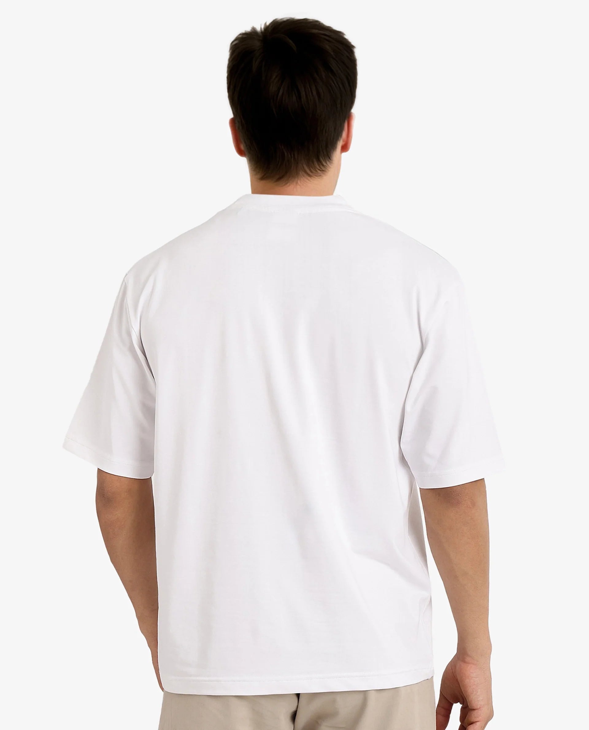 Rare Rabbit Men Fobo White Cotton Polyester Lycra Fabric Short Sleeve Crew Neck Oversized Fit Monogram Chest Print T-Shirt