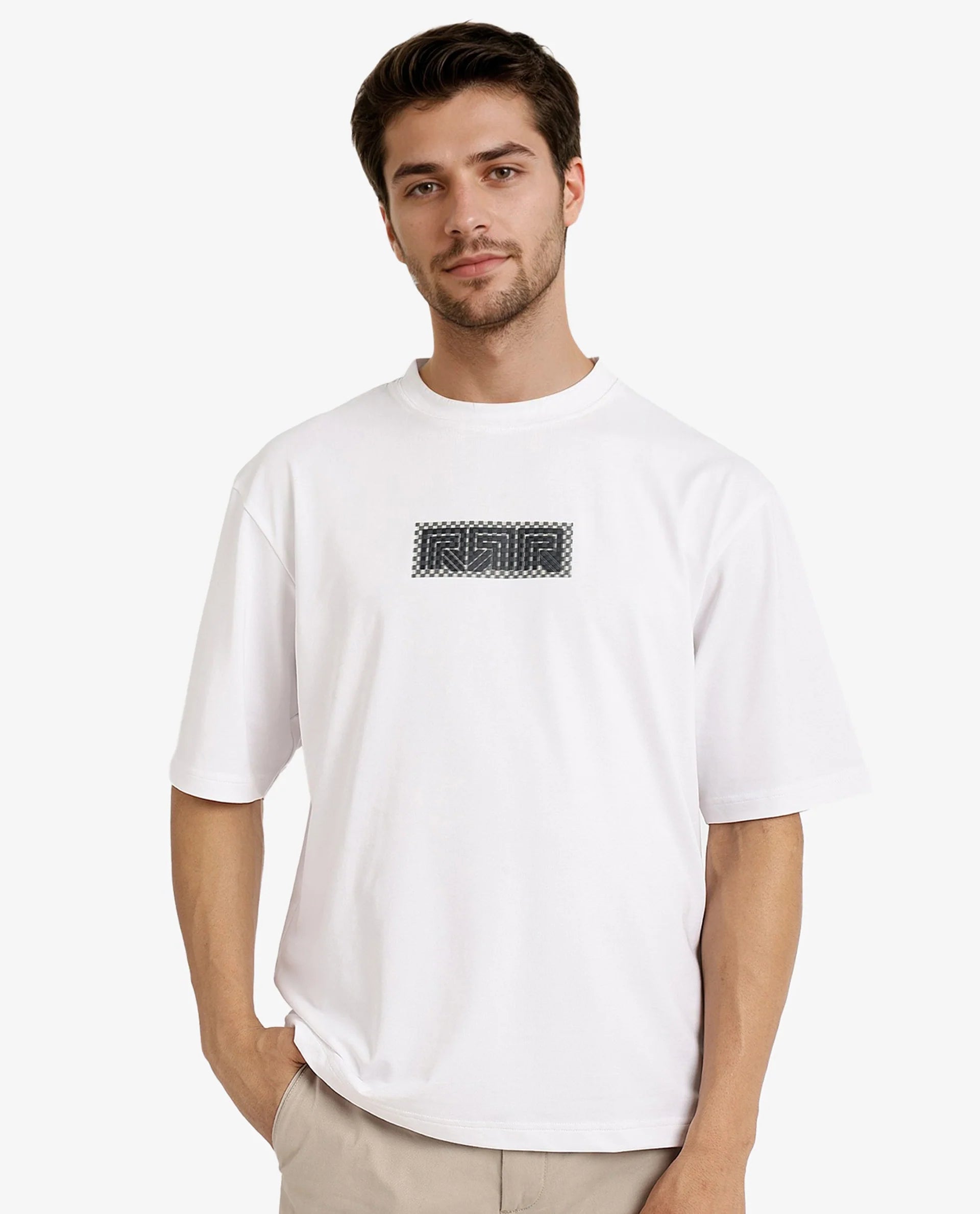 Rare Rabbit Men Fobo White Cotton Polyester Lycra Fabric Short Sleeve Crew Neck Oversized Fit Monogram Chest Print T-Shirt