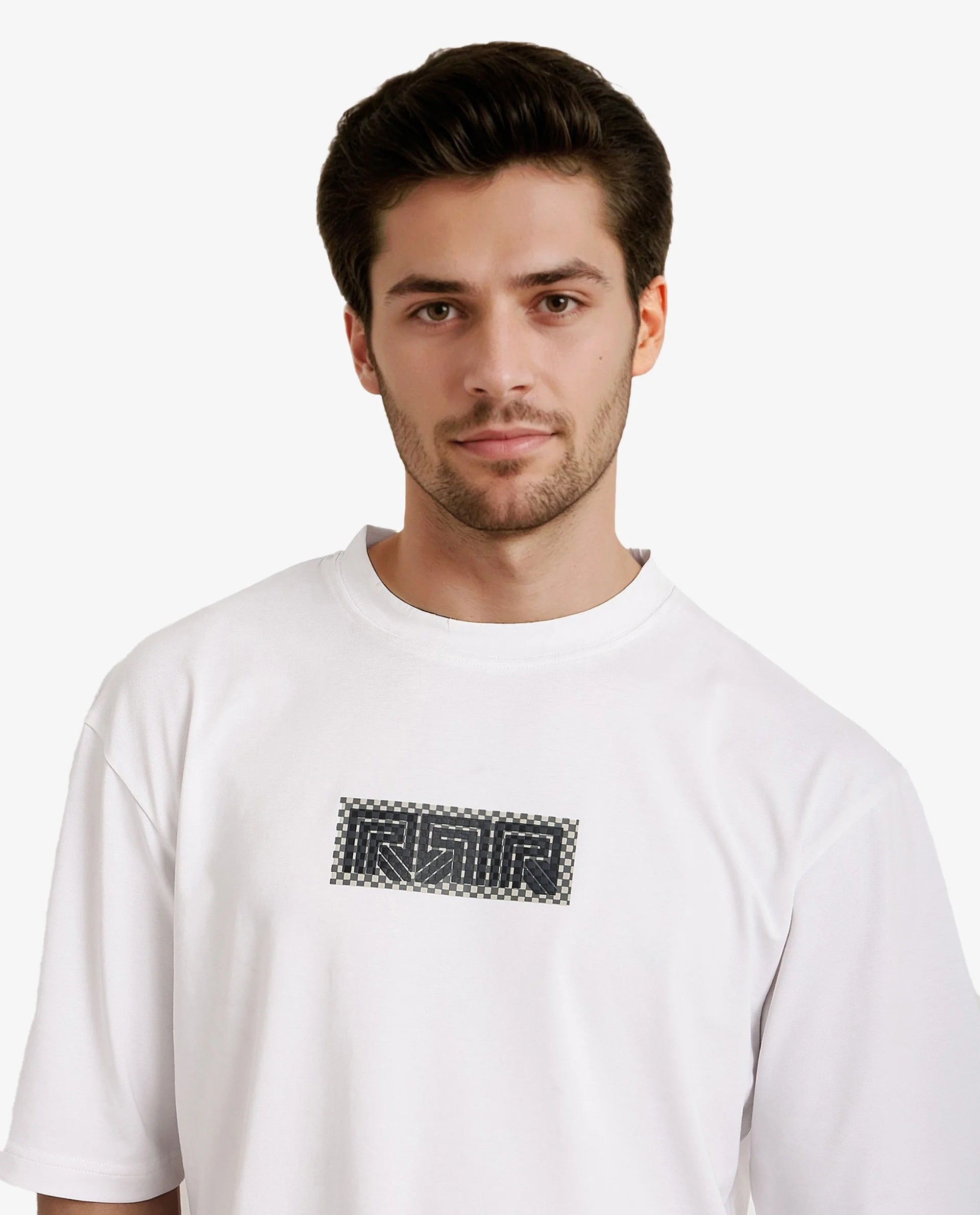 Rare Rabbit Men Fobo White Cotton Polyester Lycra Fabric Short Sleeve Crew Neck Oversized Fit Monogram Chest Print T-Shirt