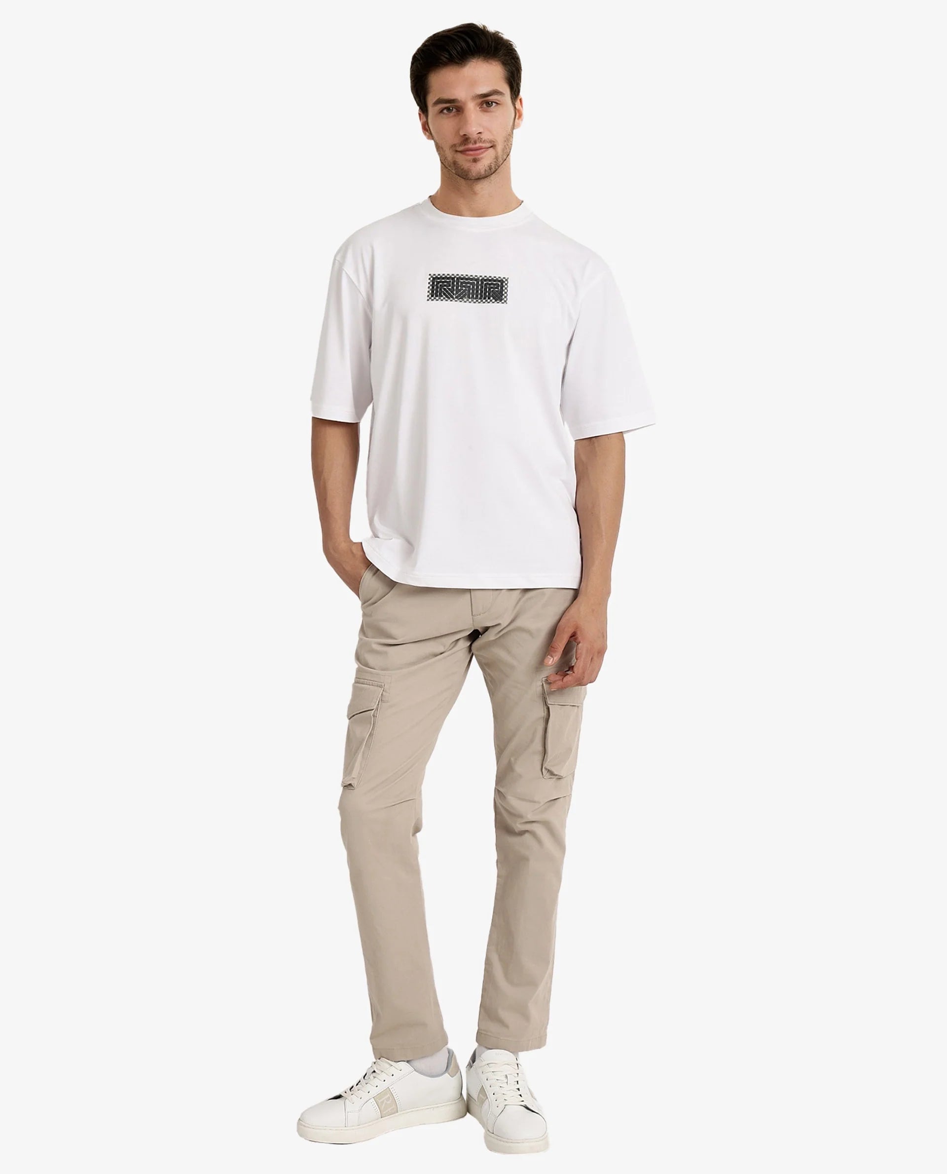 Rare Rabbit Men Fobo White Cotton Polyester Lycra Fabric Short Sleeve Crew Neck Oversized Fit Monogram Chest Print T-Shirt