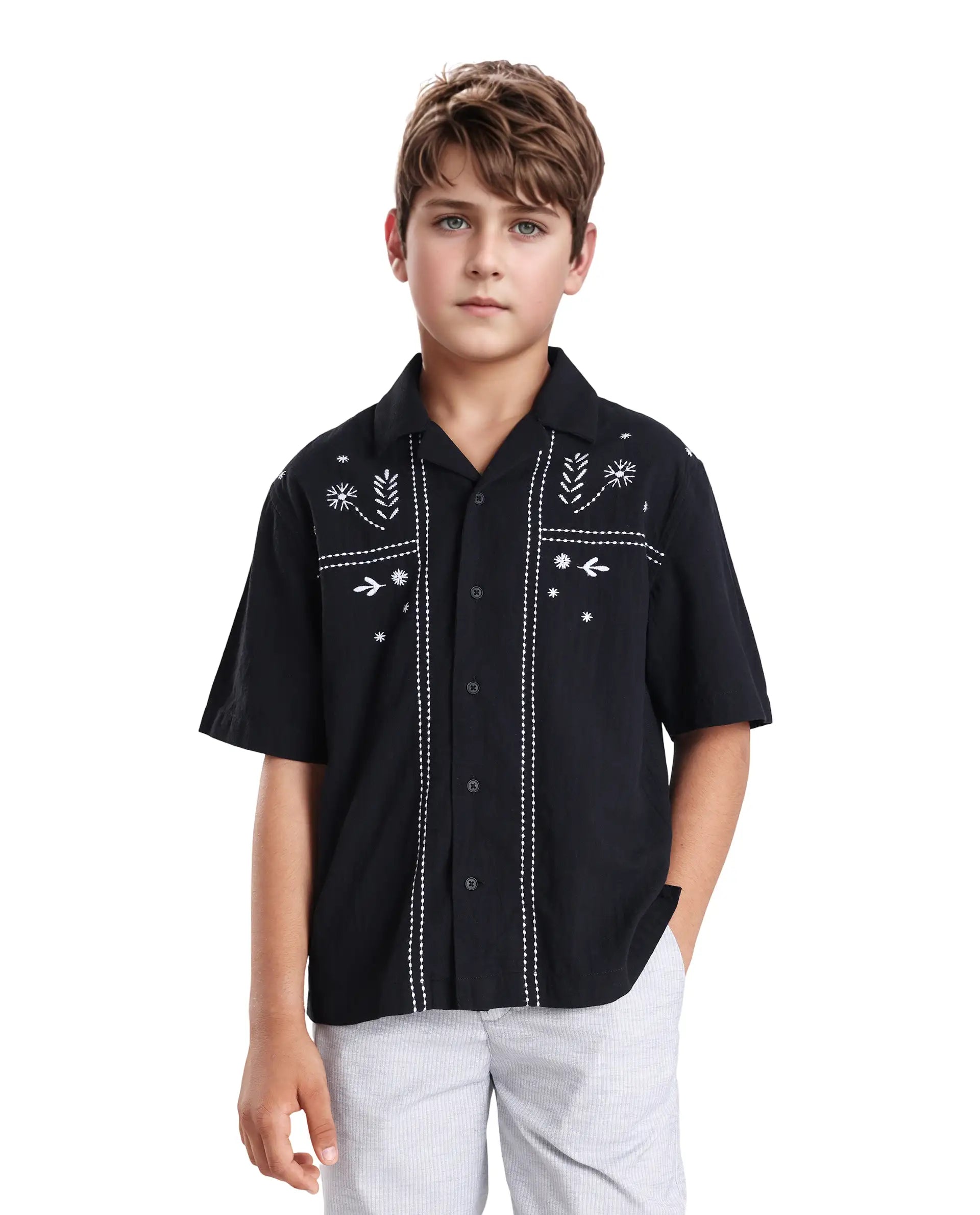 Rare Ones Kids Foke Black Cotton Embroidered Button Closure Regular Fit Shirt