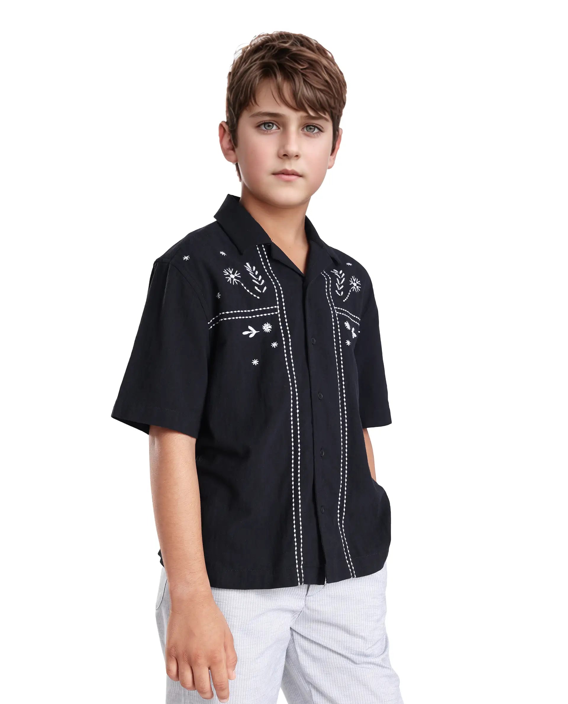 Rare Ones Kids Foke Black Cotton Embroidered Button Closure Regular Fit Shirt