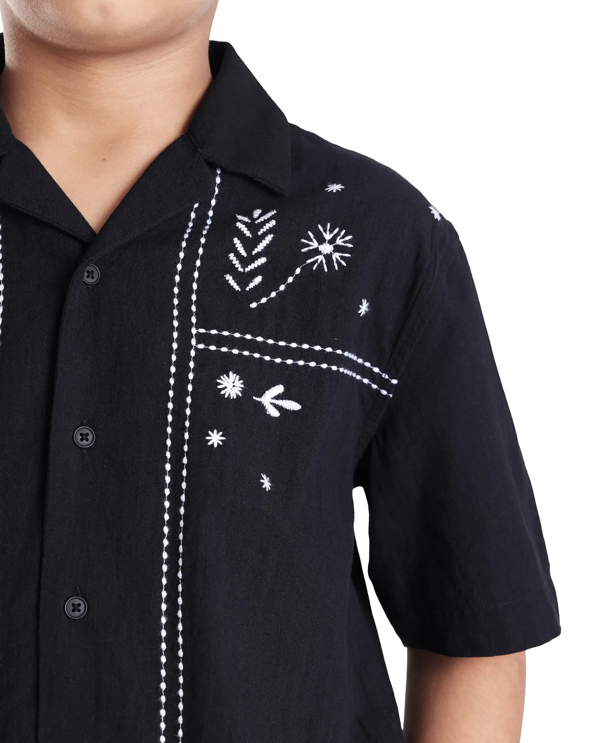 Rare Ones Kids Foke Black Cotton Embroidered Button Closure Regular Fit Shirt