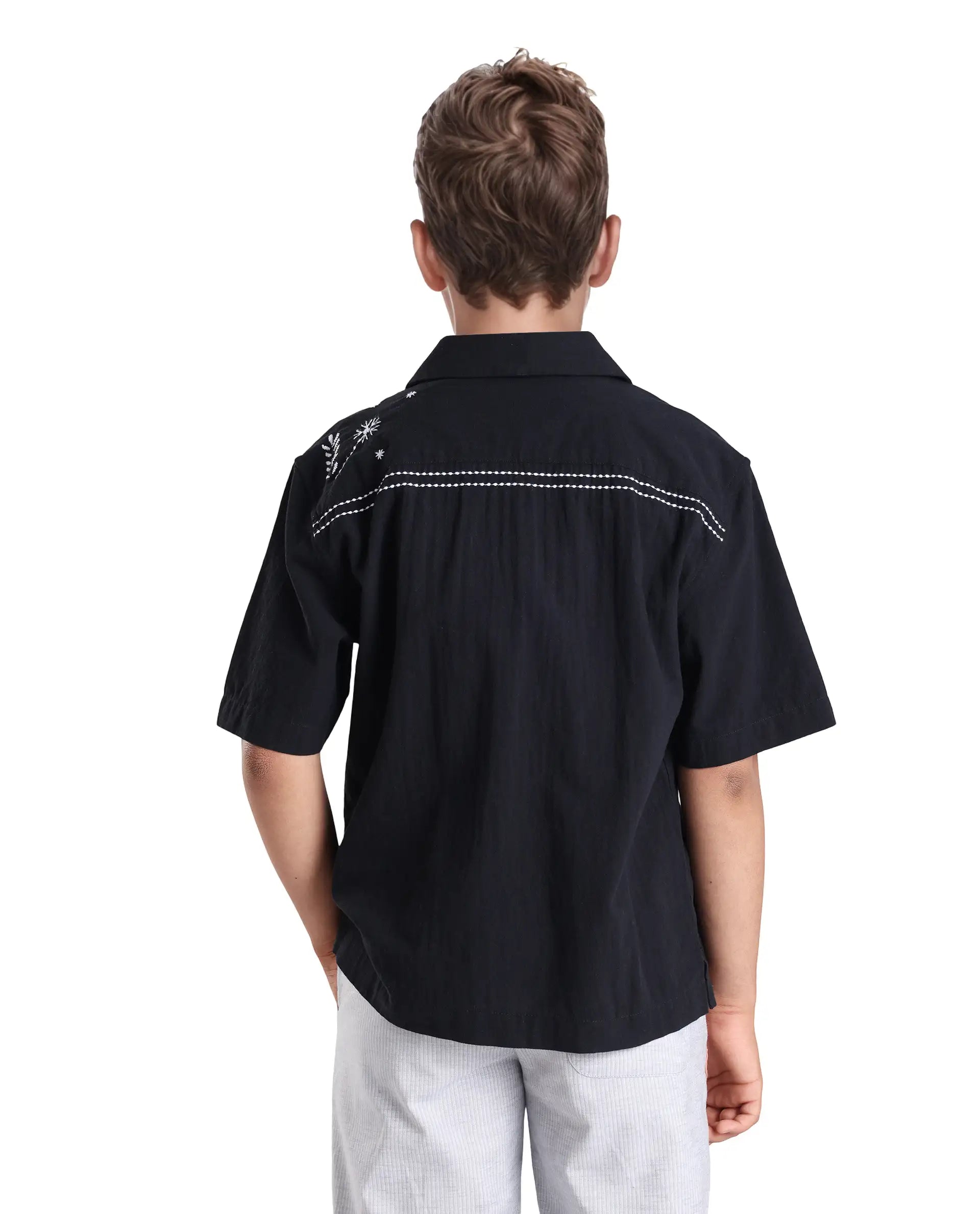 Rare Ones Kids Foke Black Cotton Embroidered Button Closure Regular Fit Shirt