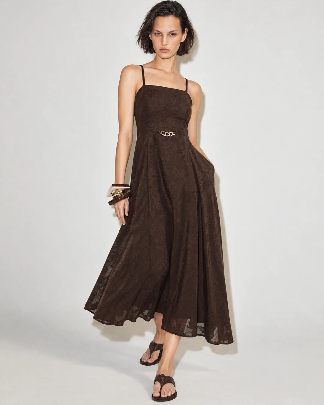 Rareism Women's Fomy Dark Brown Textured Cotton Fit And Flare Sleeveless Dress