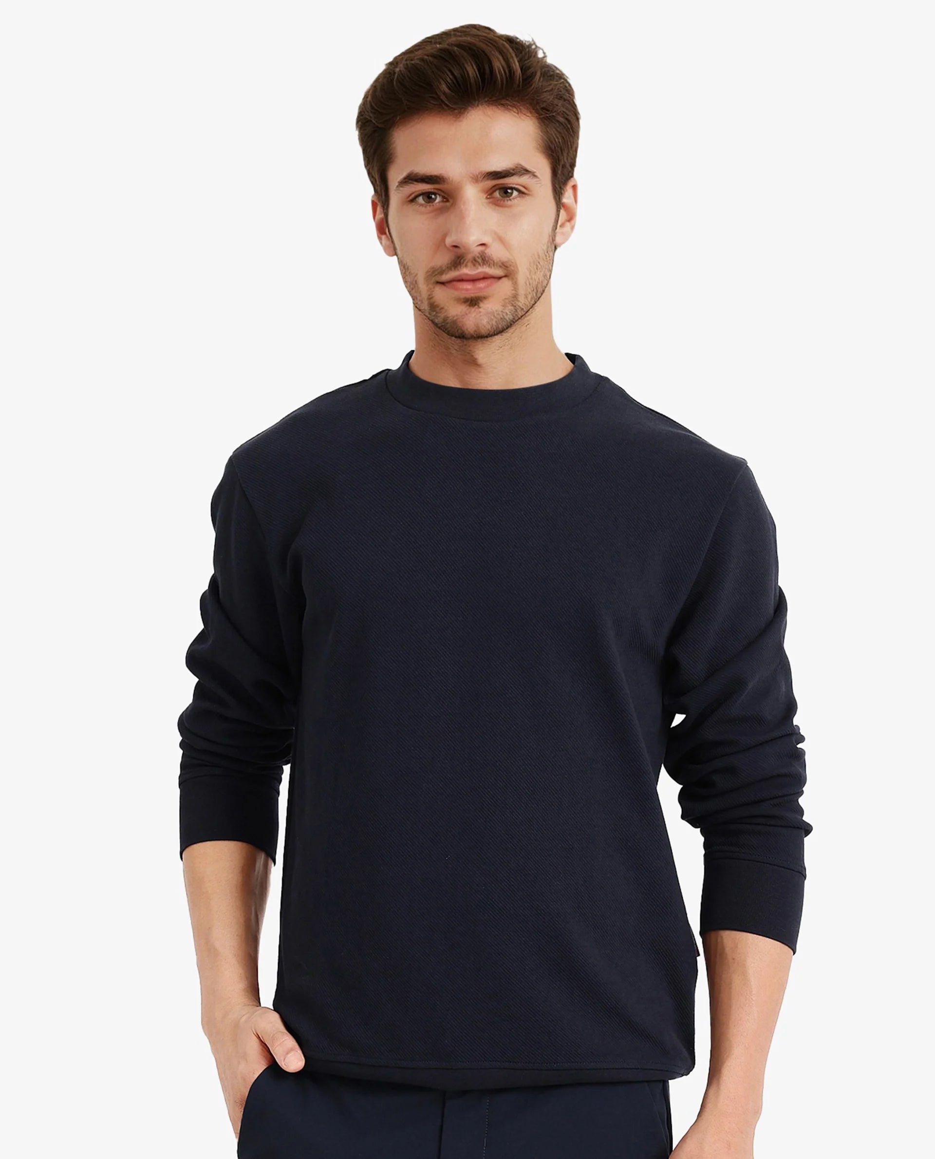 Rare Rabbit Men Foy Navy Cotton Fabric Full Sleeve Crew Neck Regular Fit Cavalry Twill Plain Sweatshirt
