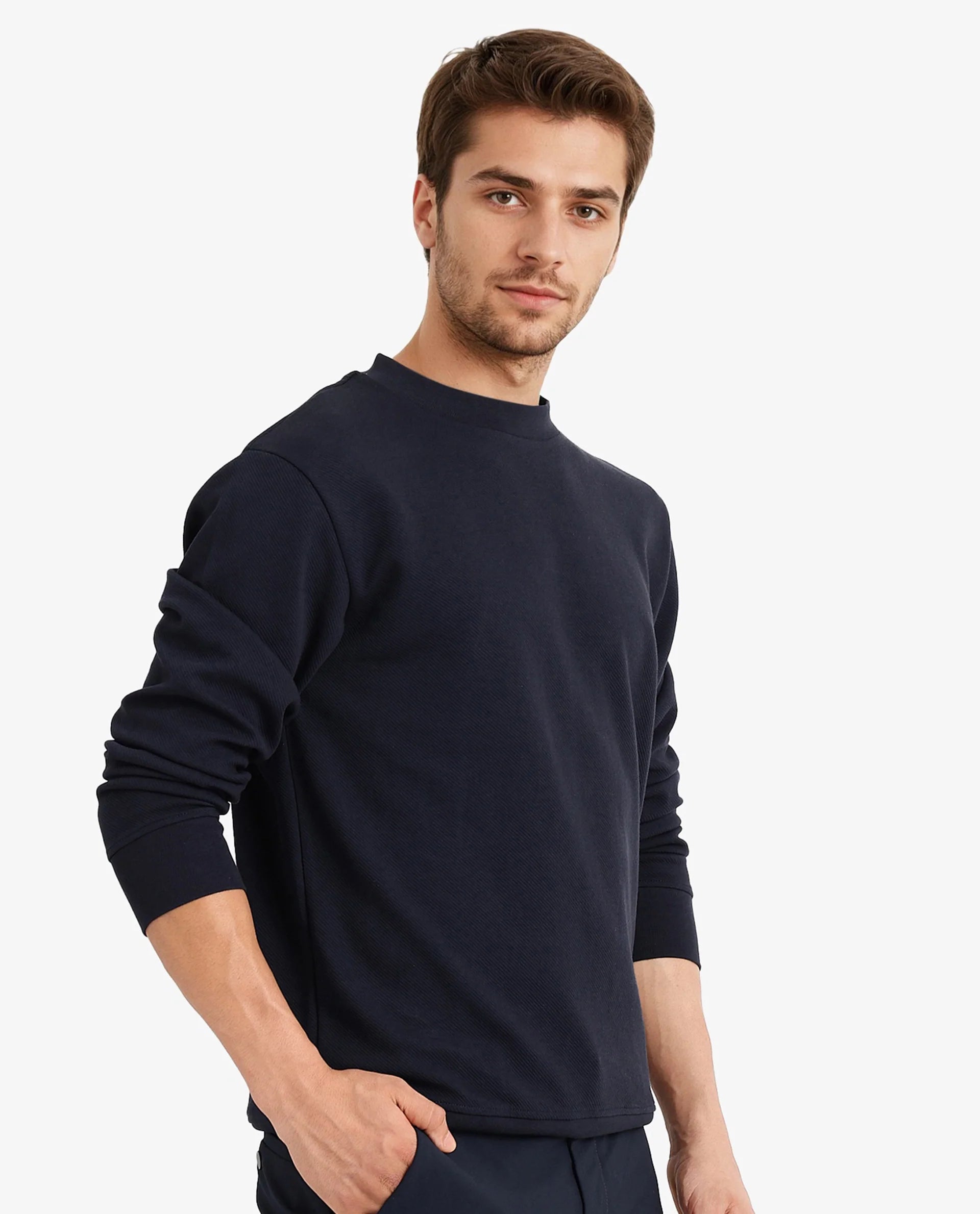 Rare Rabbit Men Foy Navy Cotton Fabric Full Sleeve Crew Neck Regular Fit Cavalry Twill Plain Sweatshirt