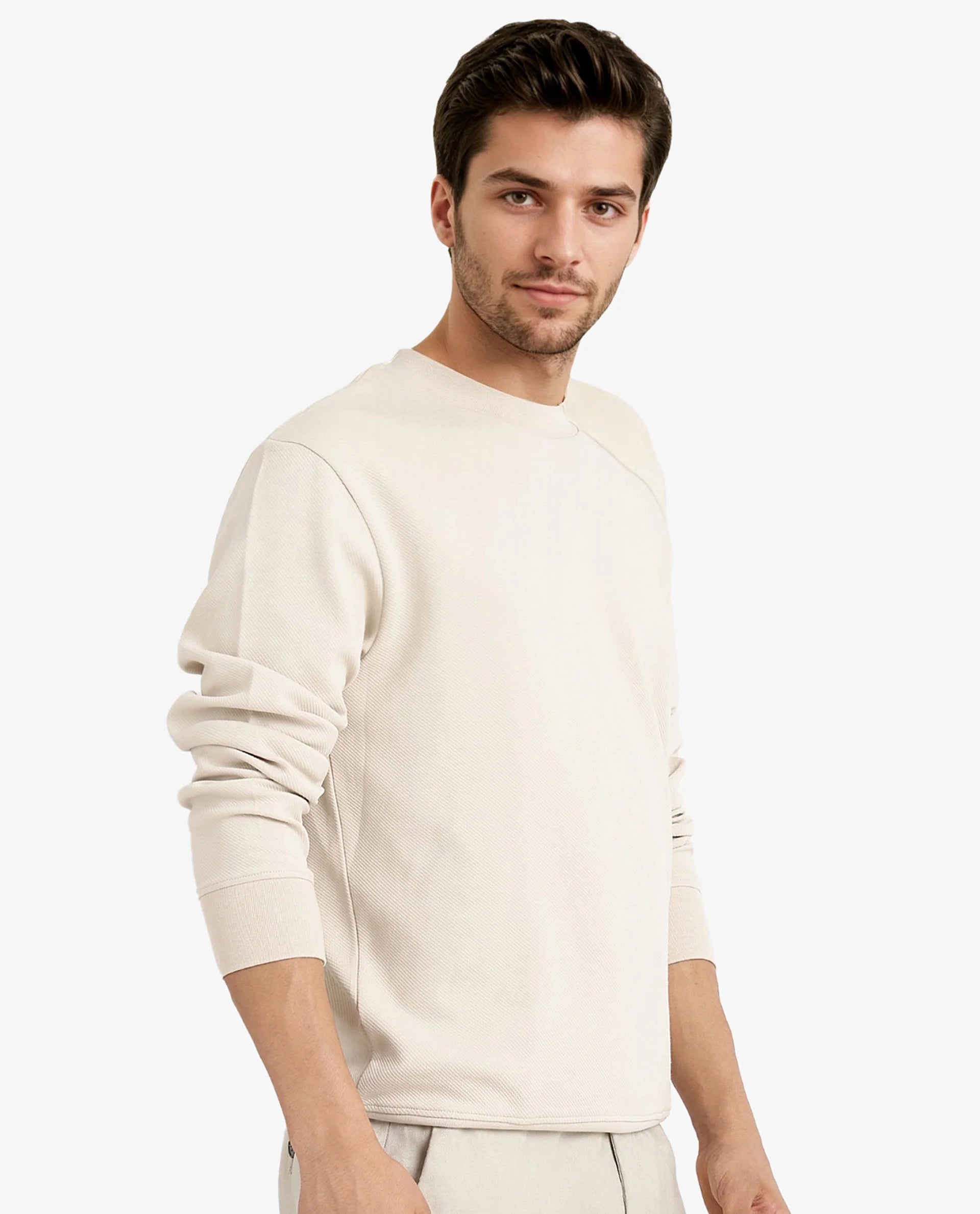 Rare Rabbit Men Foy Off White Cotton Fabric Full Sleeve Crew Neck Regular Fit Cavalry Twill Plain Sweatshirt