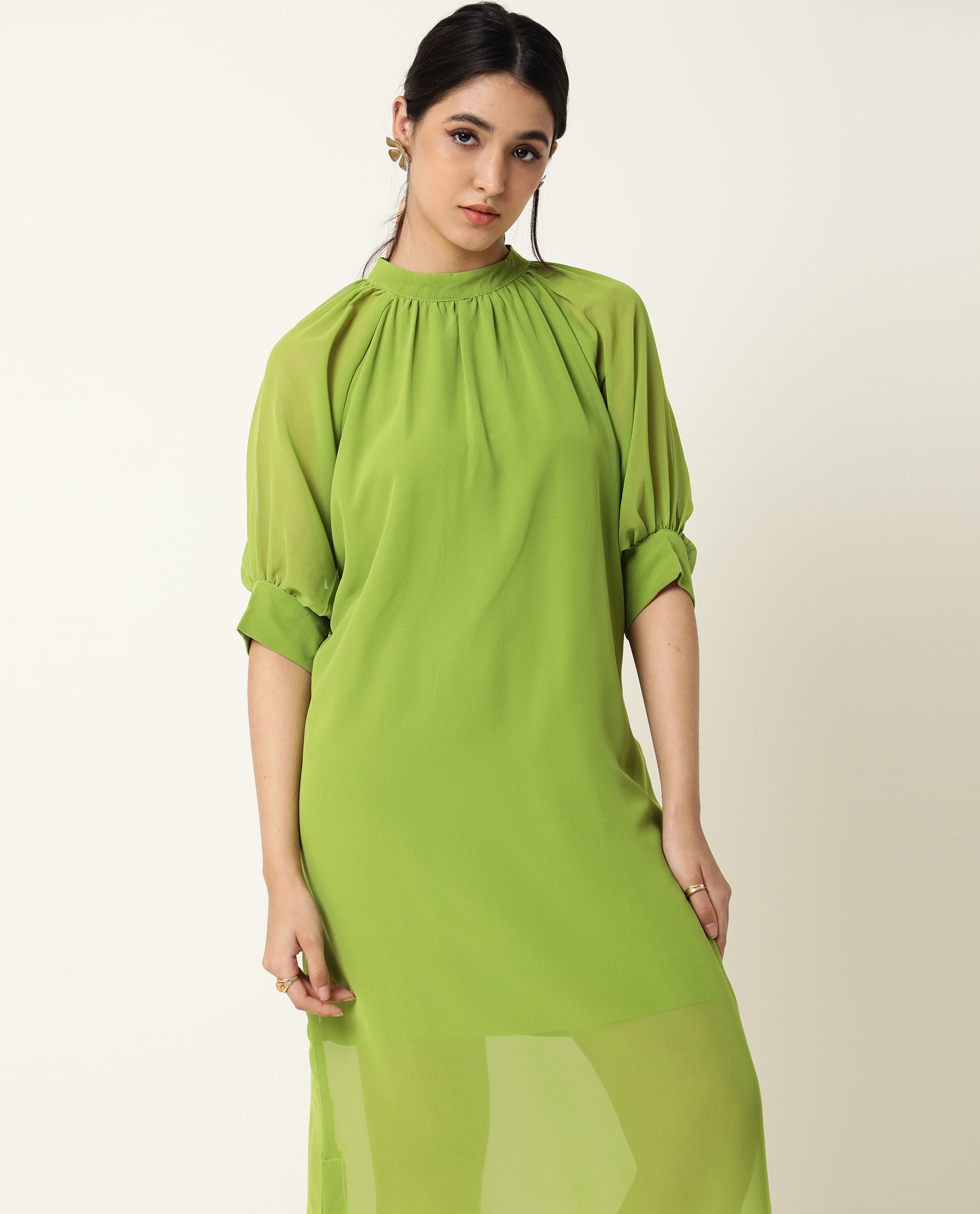 Rareism Women Frag Green High Collared Neck With Gathers Short Sleeves With Cuff Back Button Closure Midi Dress