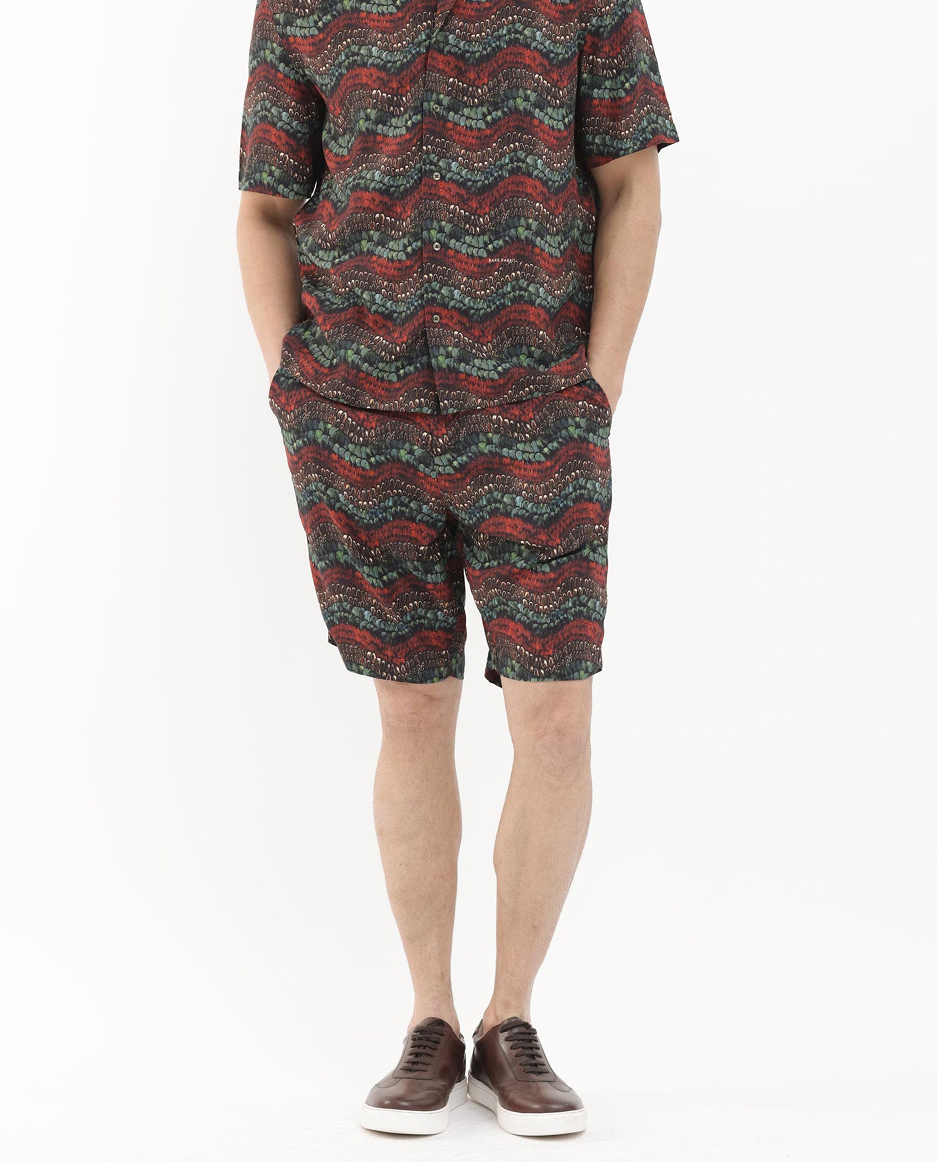 Rare Rabbit Men's Frakin Brown Viscose Fabric Knee Length Tropical Print Shorts