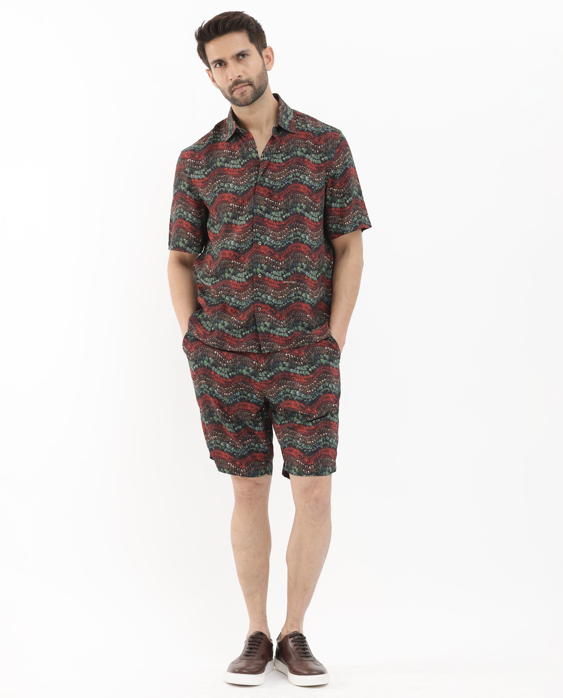 Rare Rabbit Men's Fraks Brown Viscose Fabric Half Sleeves Boxy Fit Tropical Print Shirt
