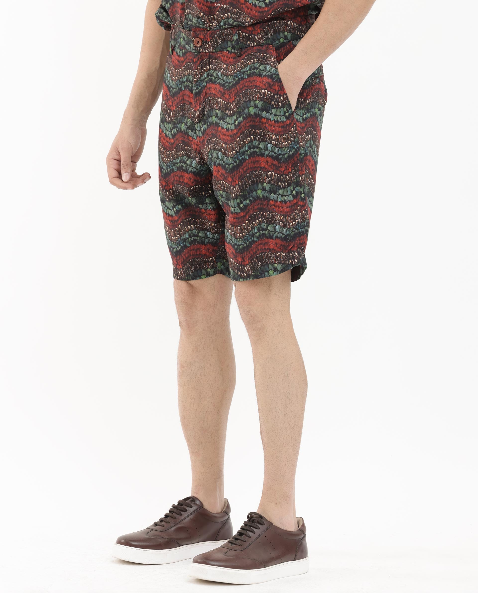 Rare Rabbit Men's Frakin Brown Viscose Fabric Knee Length Tropical Print Shorts