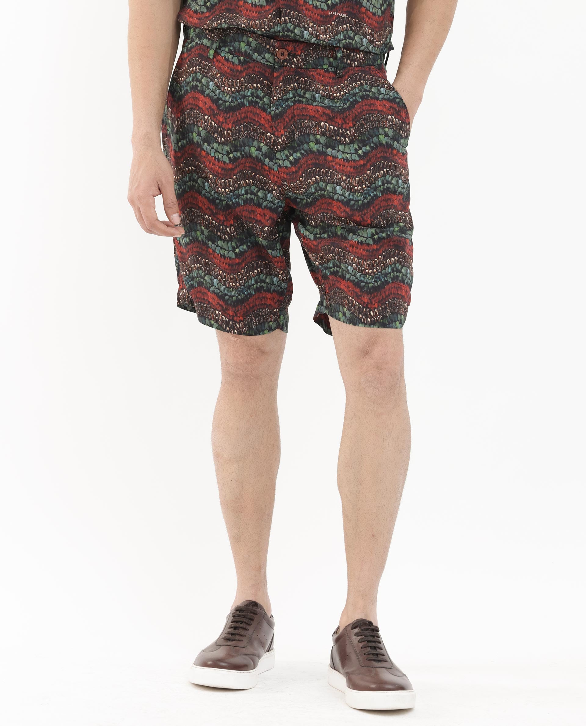 Rare Rabbit Men's Frakin Brown Viscose Fabric Knee Length Tropical Print Shorts