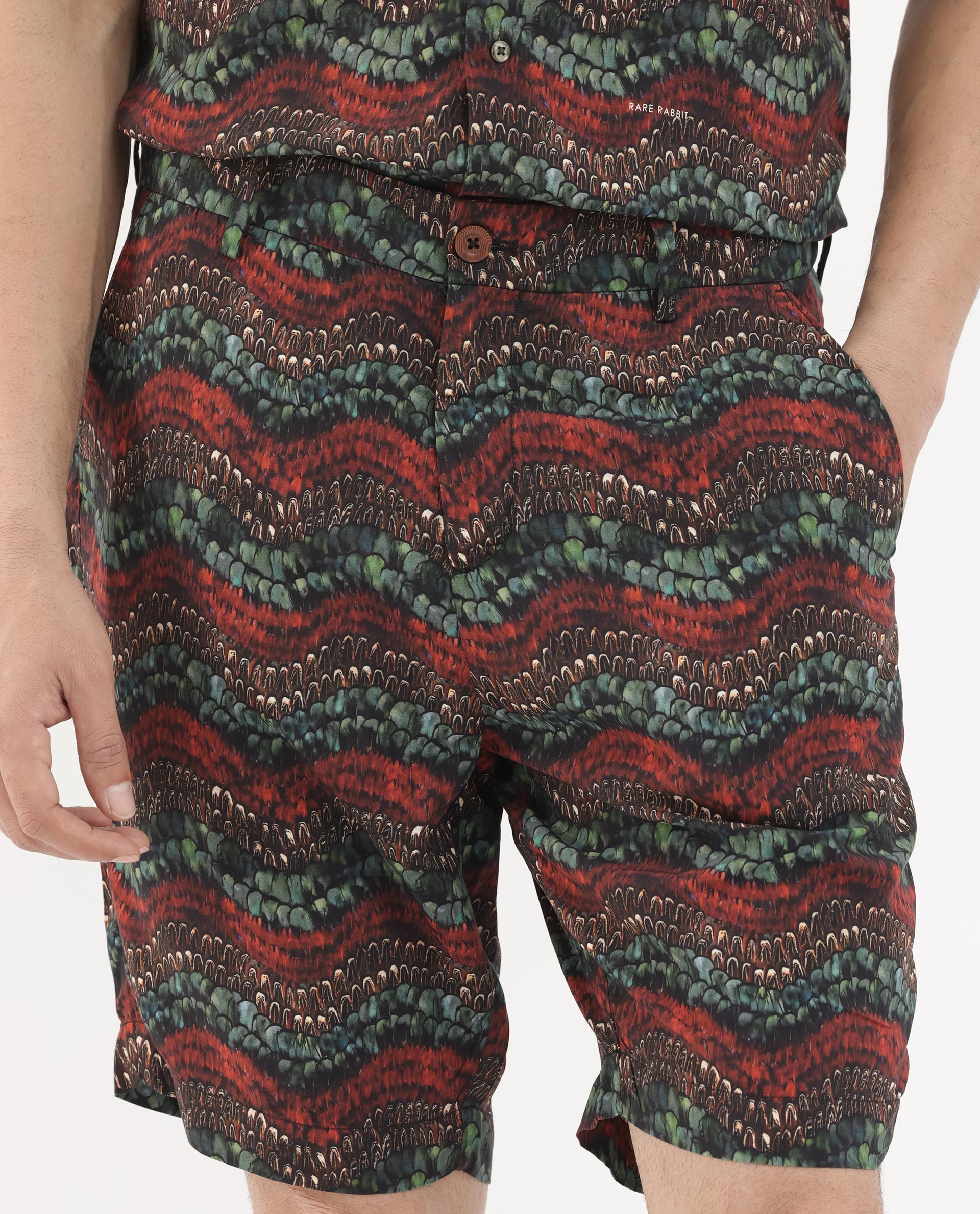 Rare Rabbit Men's Frakin Brown Viscose Fabric Knee Length Tropical Print Shorts