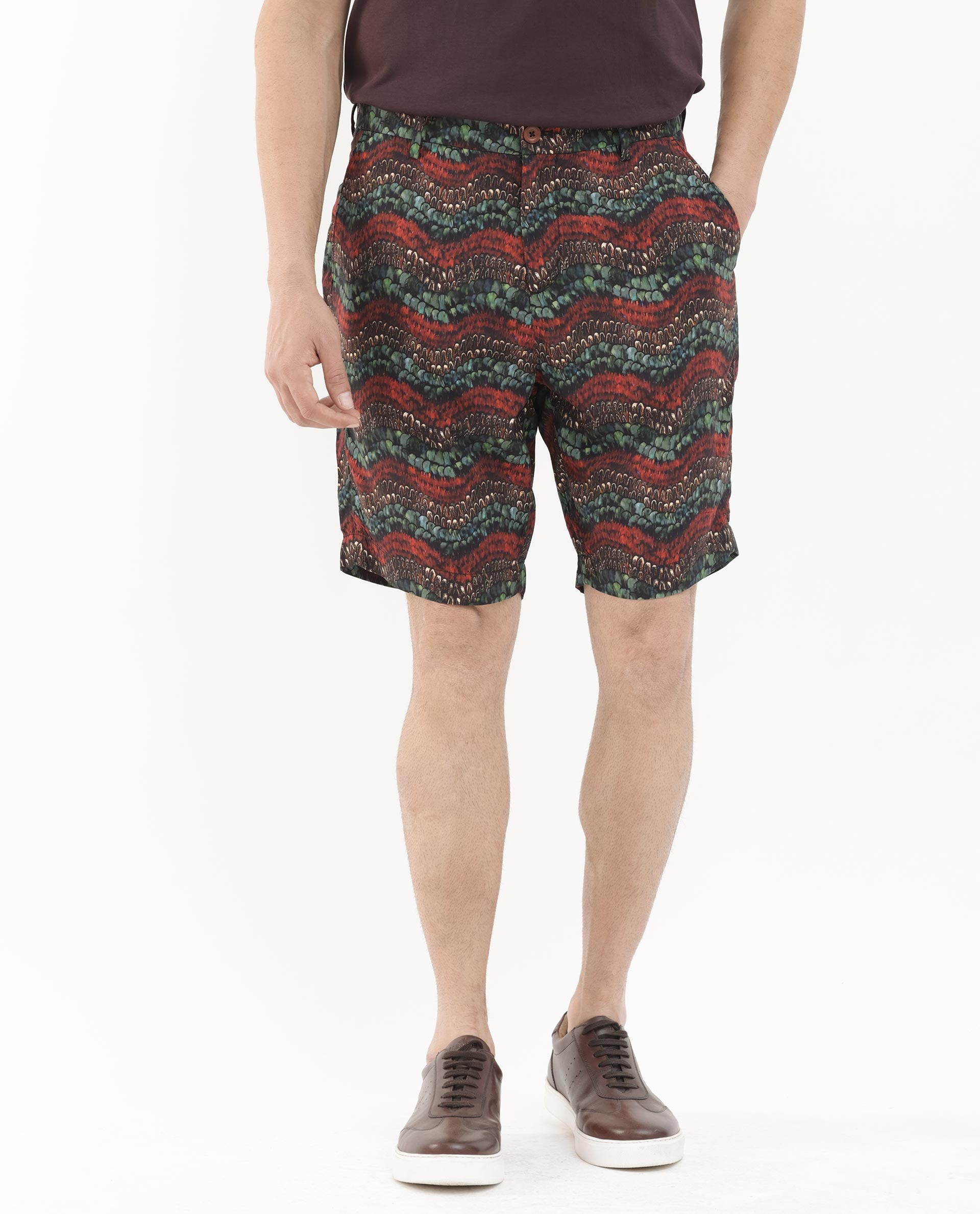 Rare Rabbit Men's Frakin Brown Viscose Fabric Knee Length Tropical Print Shorts