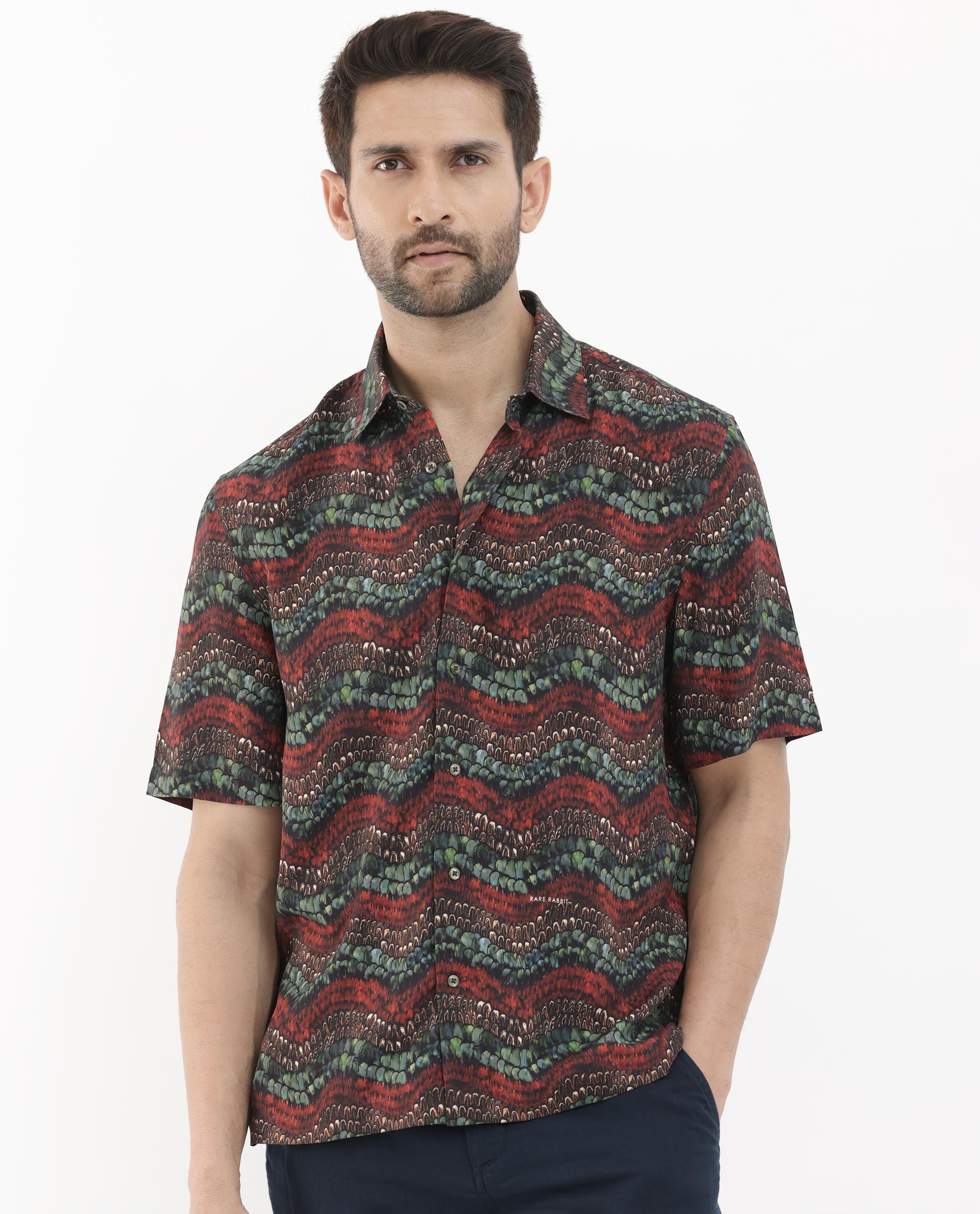 Rare Rabbit Men's Fraks Brown Viscose Fabric Half Sleeves Boxy Fit Tropical Print Shirt