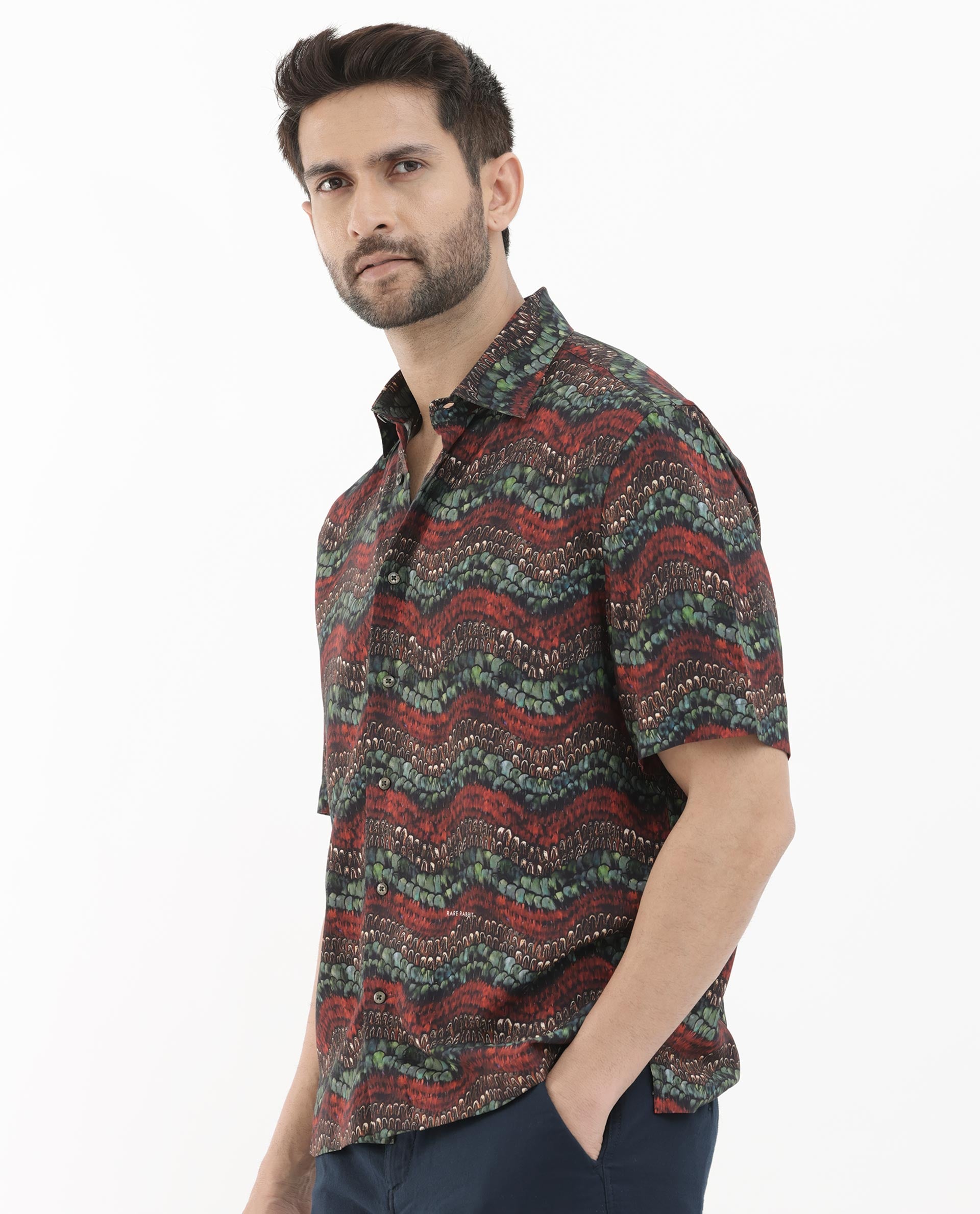 Rare Rabbit Men's Fraks Brown Viscose Fabric Half Sleeves Boxy Fit Tropical Print Shirt