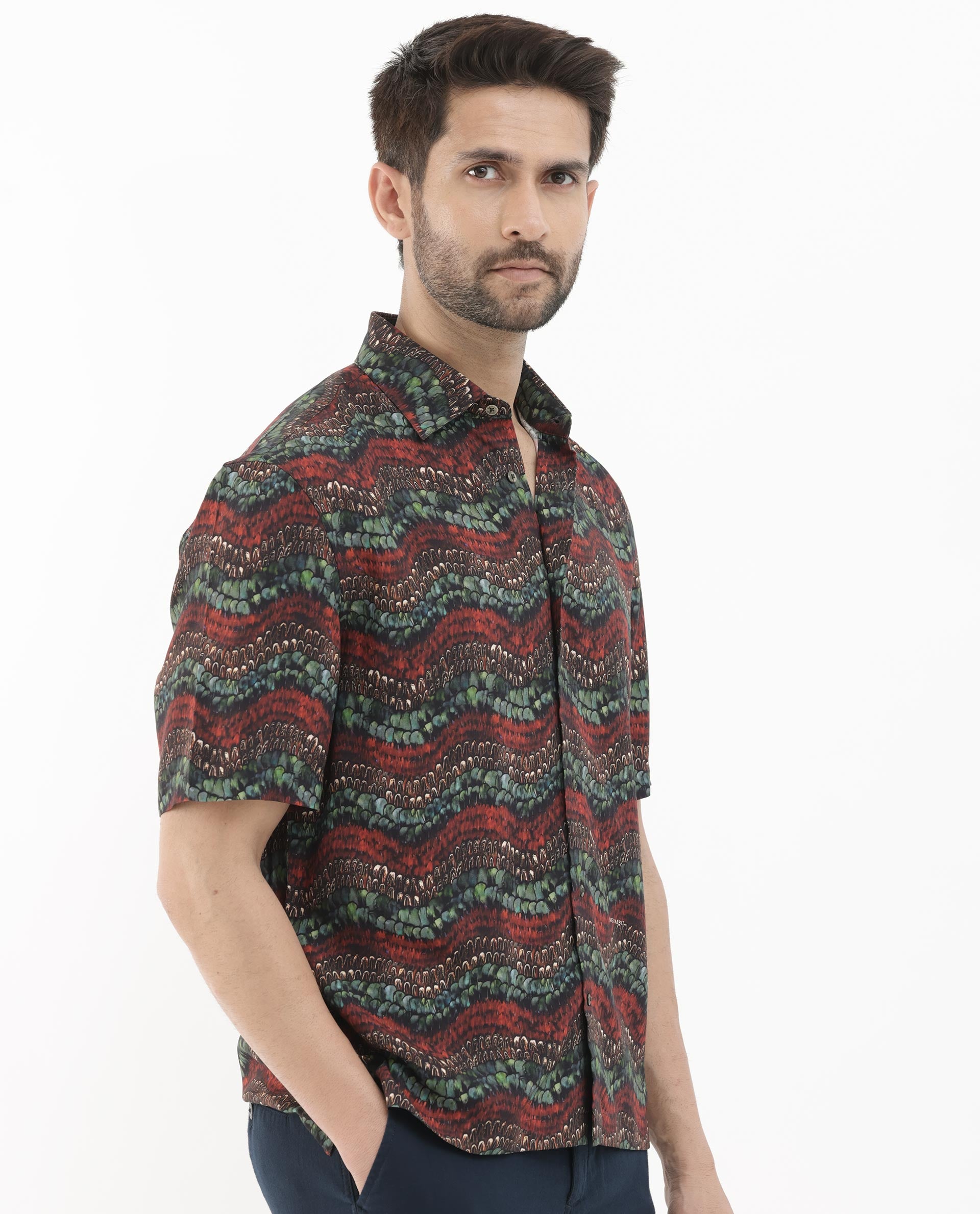 Rare Rabbit Men's Fraks Brown Viscose Fabric Half Sleeves Boxy Fit Tropical Print Shirt