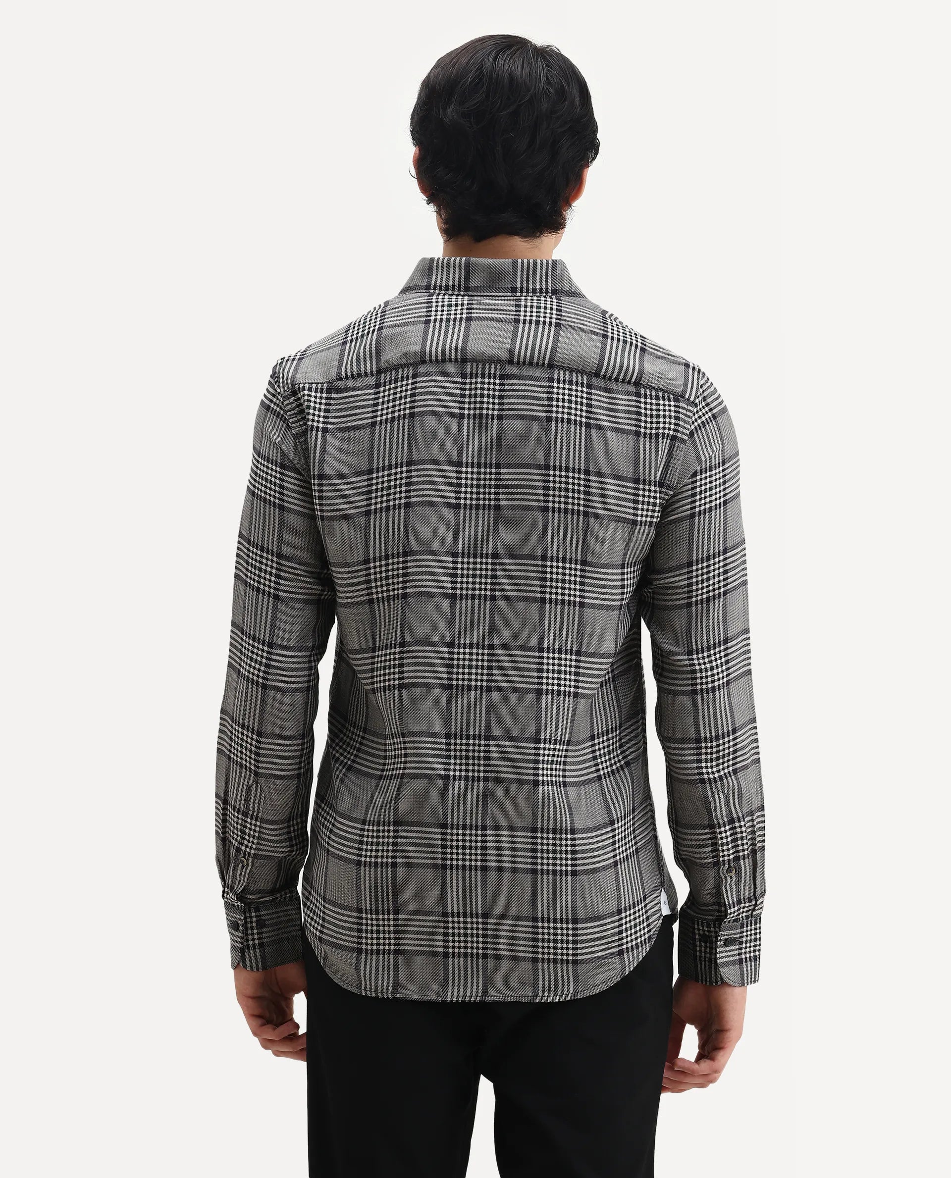 Rare Rabbit Men's Fredo-2 Grey Tencel Checked Print Regular Fit Full Sleeve Collared Shirt
