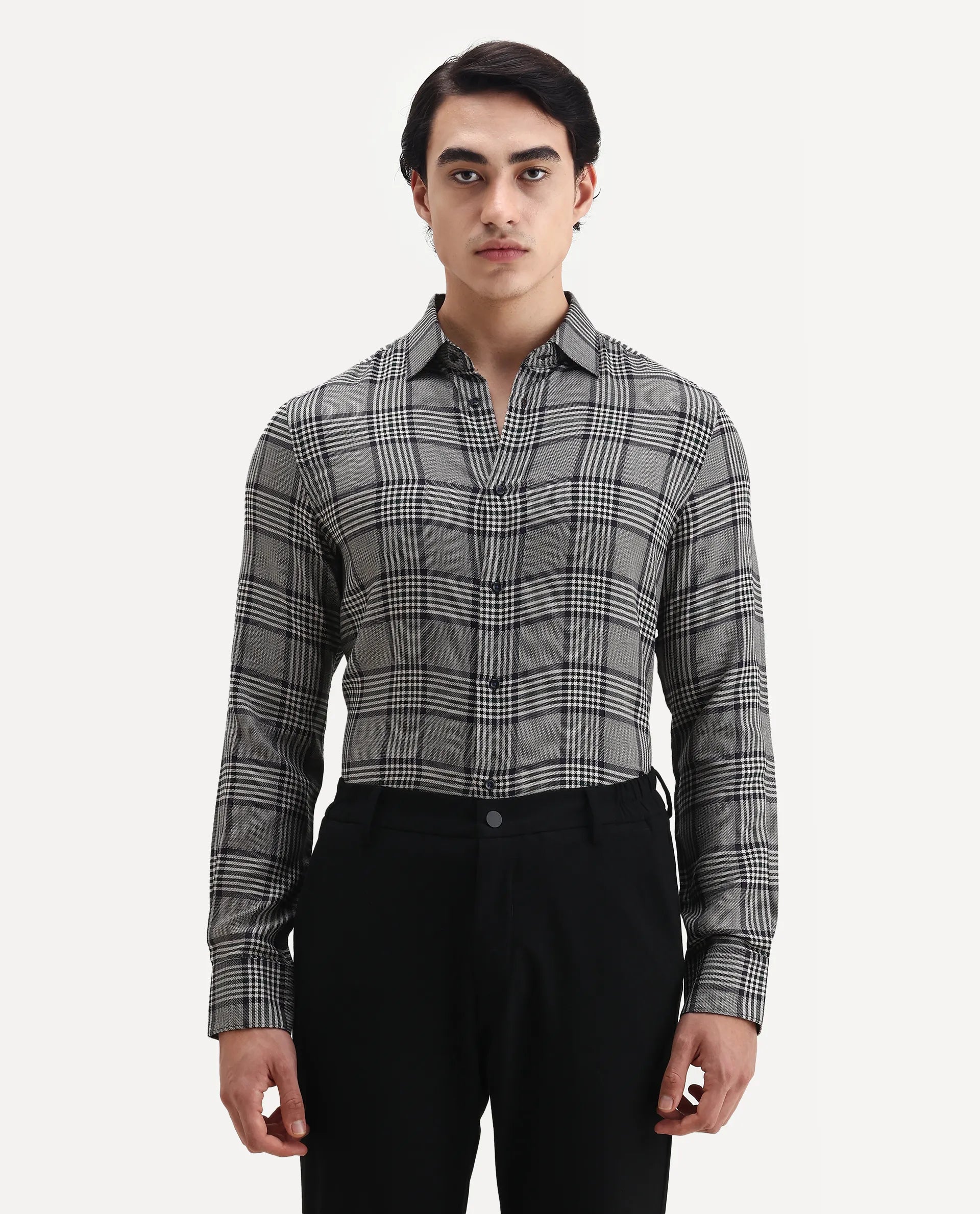 Rare Rabbit Men's Fredo-2 Grey Tencel Checked Print Regular Fit Full Sleeve Collared Shirt