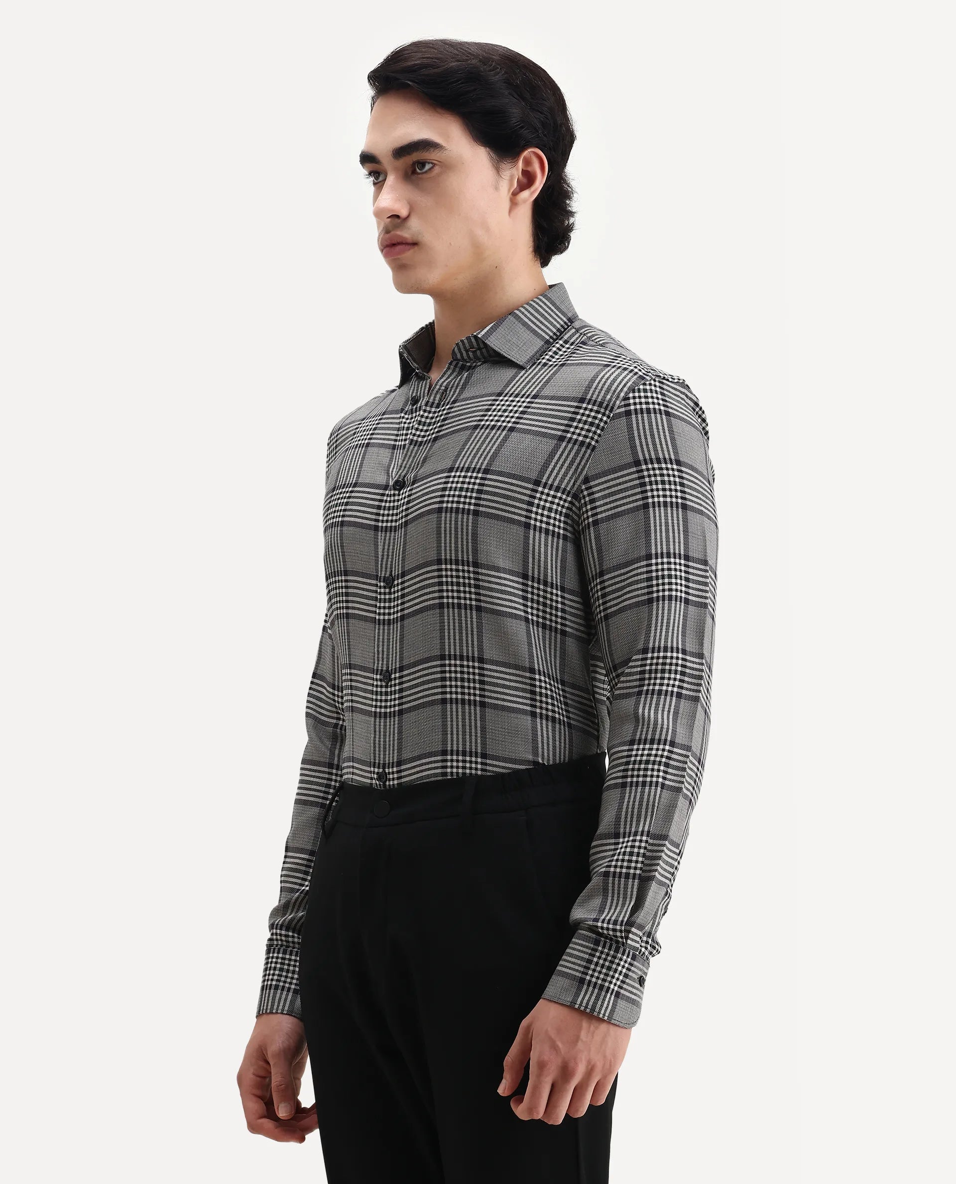Rare Rabbit Men's Fredo-2 Grey Tencel Checked Print Regular Fit Full Sleeve Collared Shirt