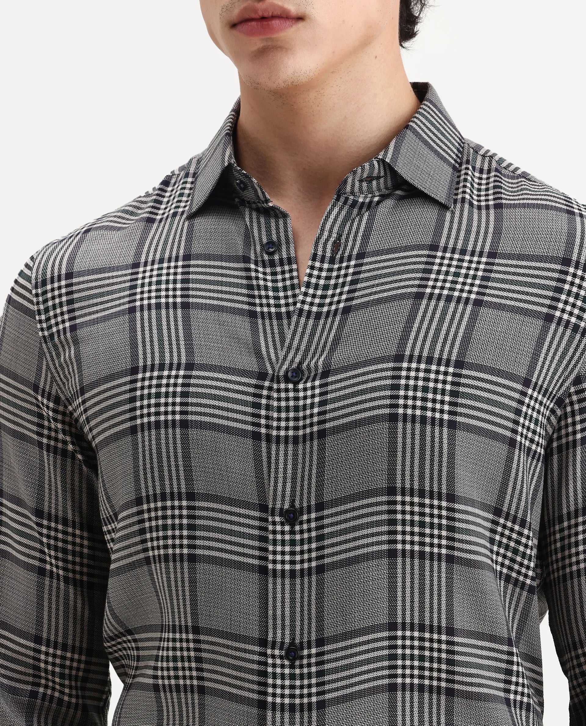 Rare Rabbit Men's Fredo-2 Grey Tencel Checked Print Regular Fit Full Sleeve Collared Shirt