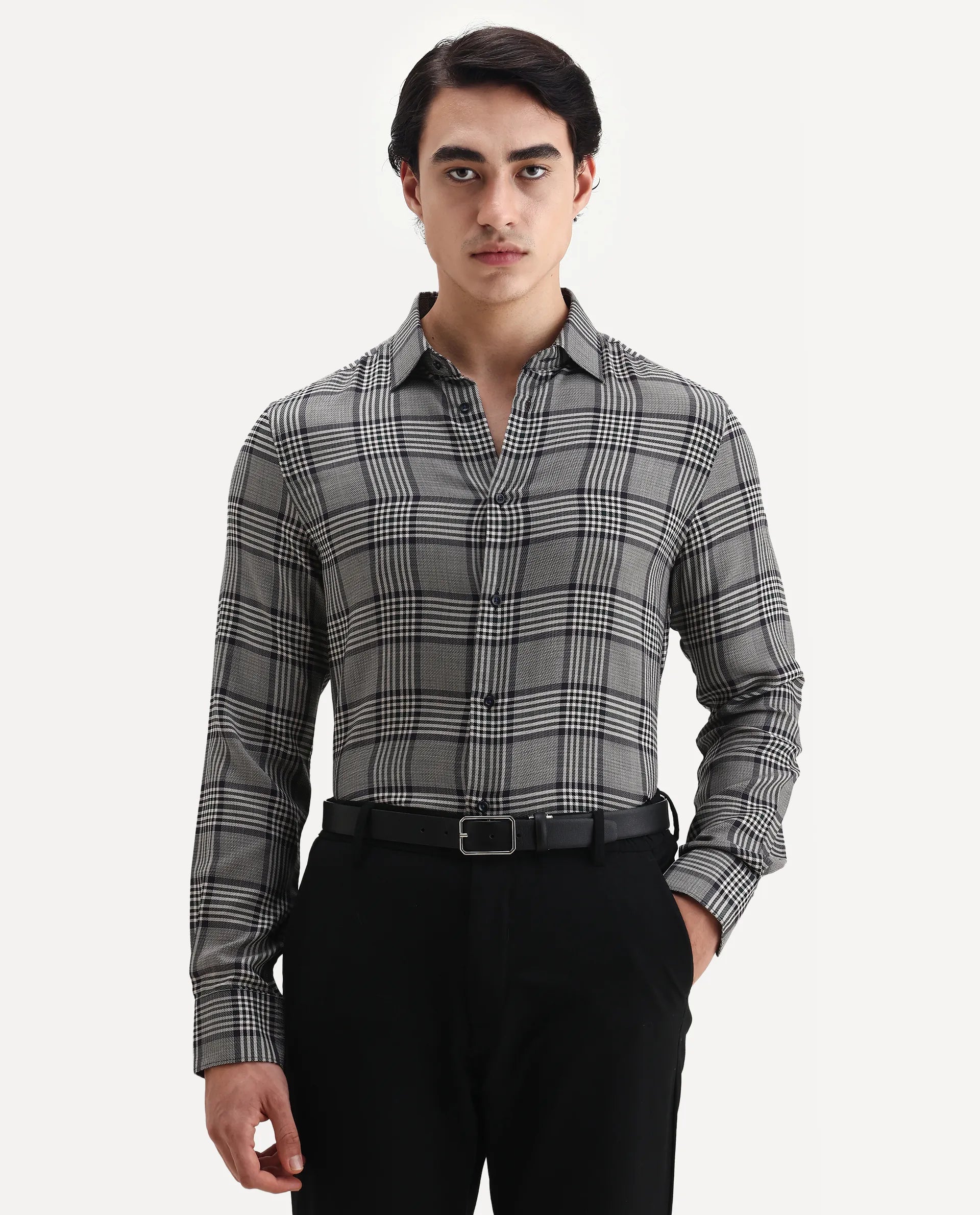 Rare Rabbit Men's Fredo-2 Grey Tencel Checked Print Regular Fit Full Sleeve Collared Shirt