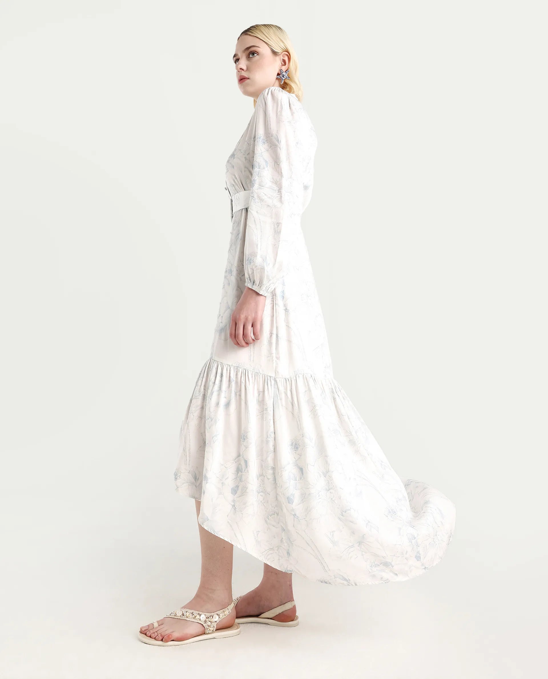 Rareism Women's Freno Off White Cotton Blend V-Neck Floral Print Maxi Straight Fit Dress