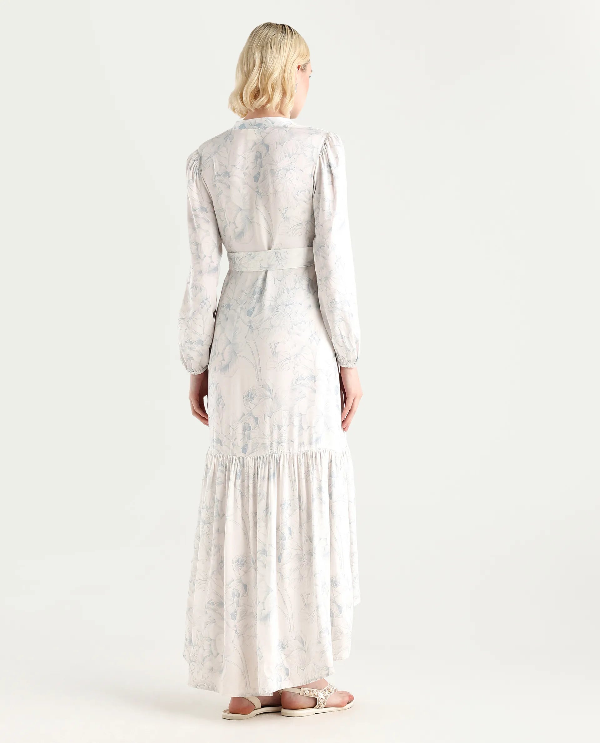 Rareism Women's Freno Off White Cotton Blend V-Neck Floral Print Maxi Straight Fit Dress