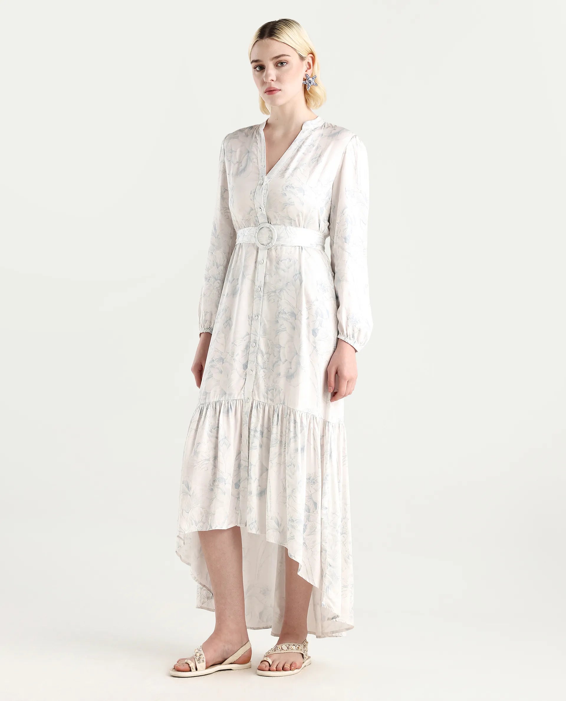 Rareism Women's Freno Off White Cotton Blend V-Neck Floral Print Maxi Straight Fit Dress