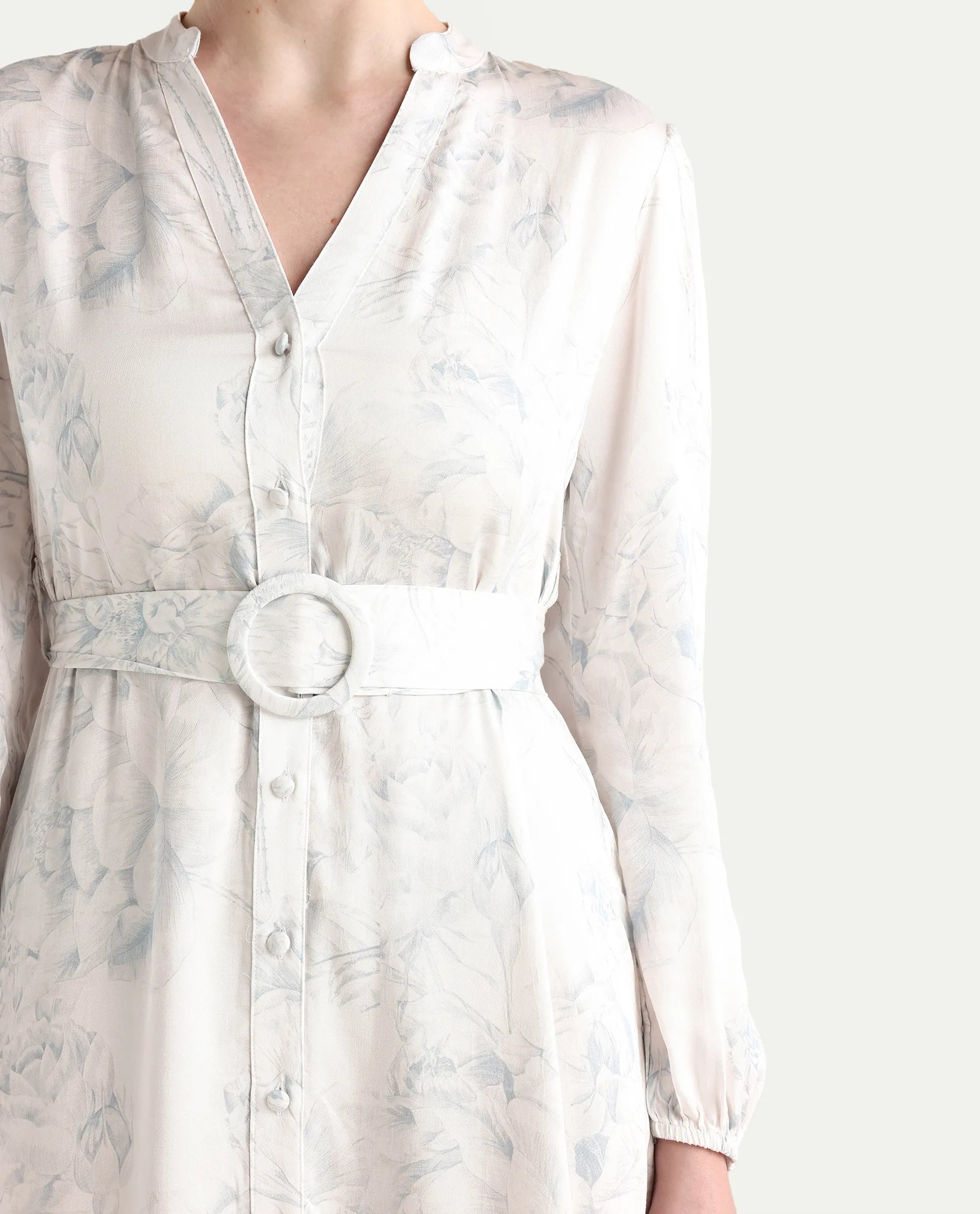 Rareism Women's Freno Off White Cotton Blend V-Neck Floral Print Maxi Straight Fit Dress