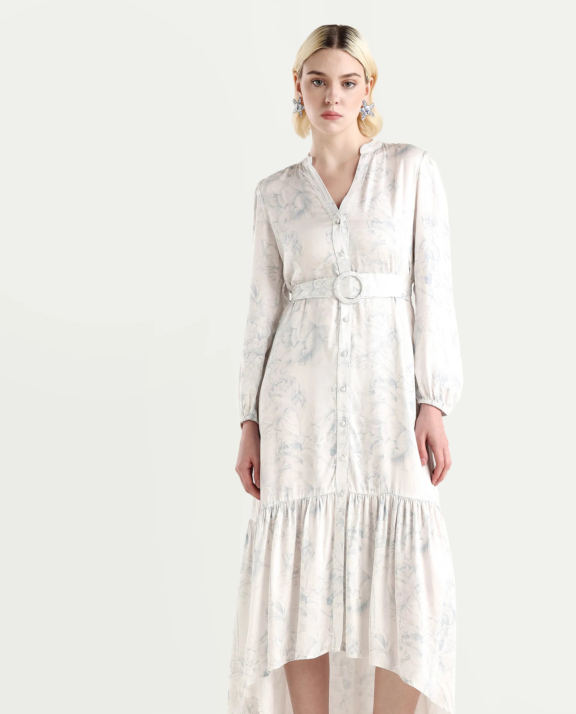 Rareism Women's Freno Off White Cotton Blend V-Neck Floral Print Maxi Straight Fit Dress