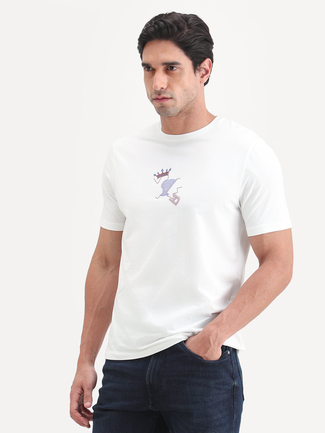Rare Rabbit Men's Friend-2 Off White Cotton Blend Half Sleeve Crew Neck Regular Fit Graphic Print T-Shirt