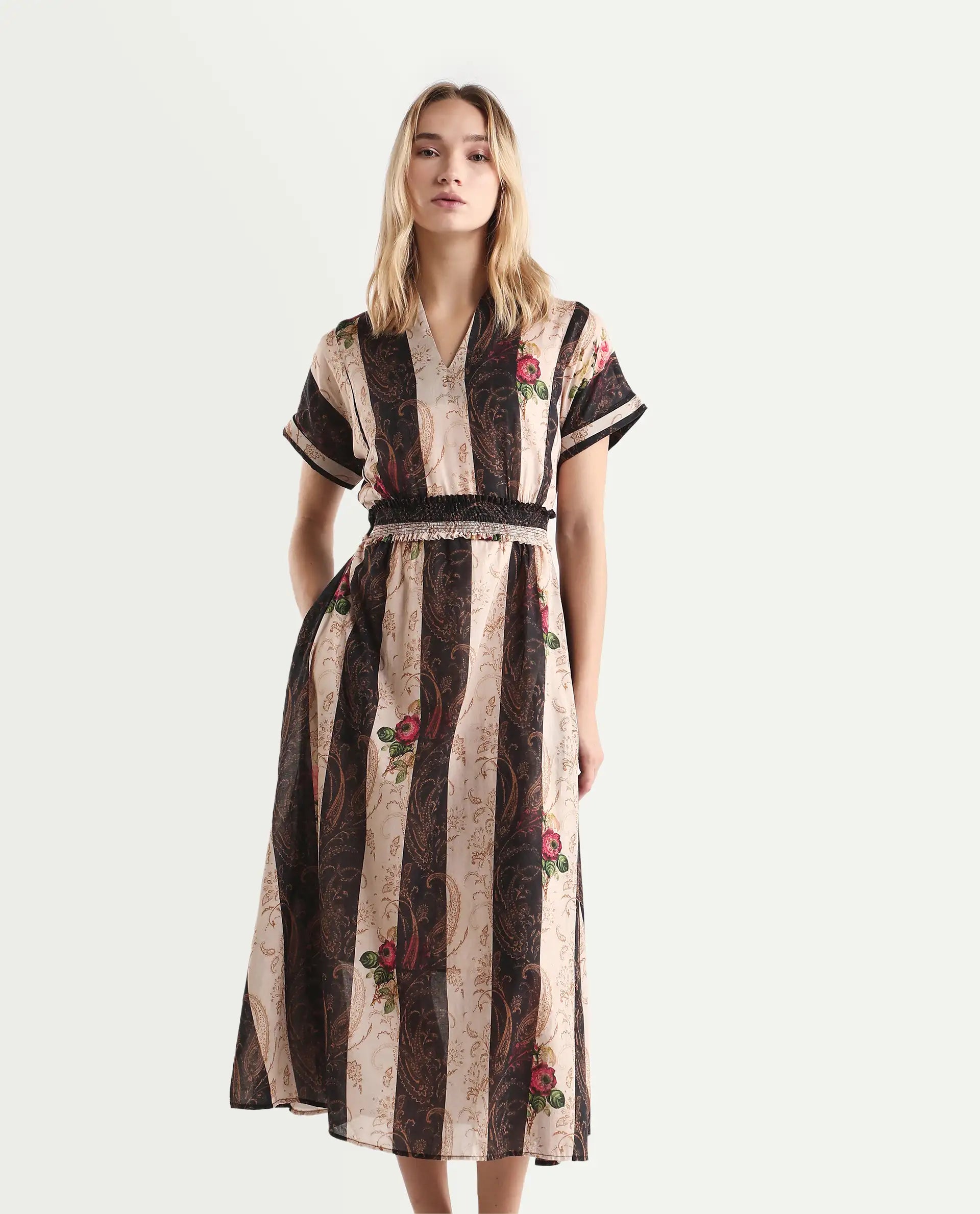 Rareism Women's Frost Olive Cotton V-Neck Paisley Print Extended Sleeves Midi A-Line Dress