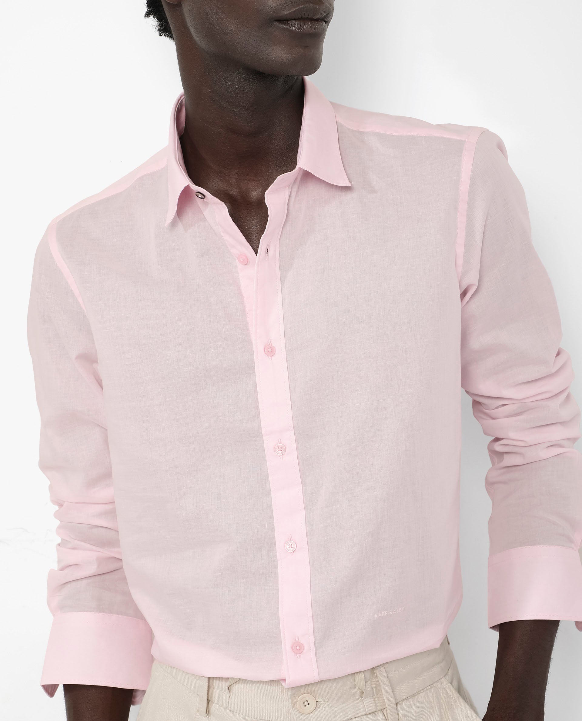 Rare Rabbit Men's Fullsleen Pastel Pink Cotton Fabric Full Sleeves Collared Neck Regular Fit Solid Shirt