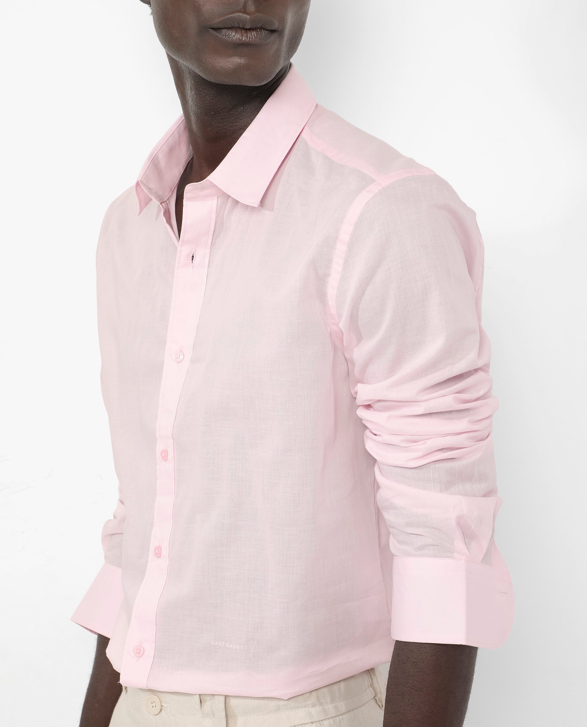Rare Rabbit Men's Fullsleen Pastel Pink Cotton Fabric Full Sleeves Collared Neck Regular Fit Solid Shirt