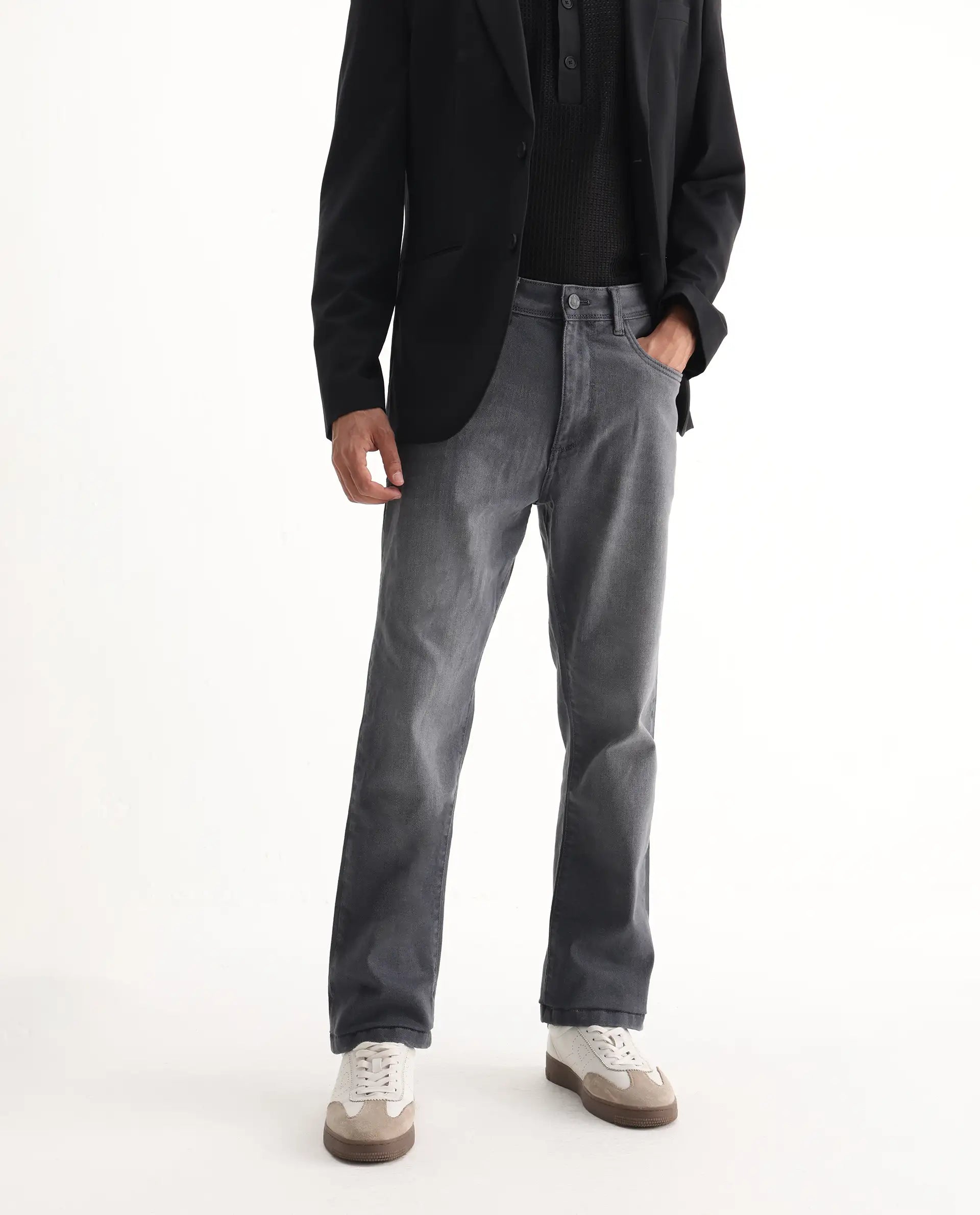 Rare Rabbit Men's Fyod Grey Cotton Plain Morris Regular Fit Jeans