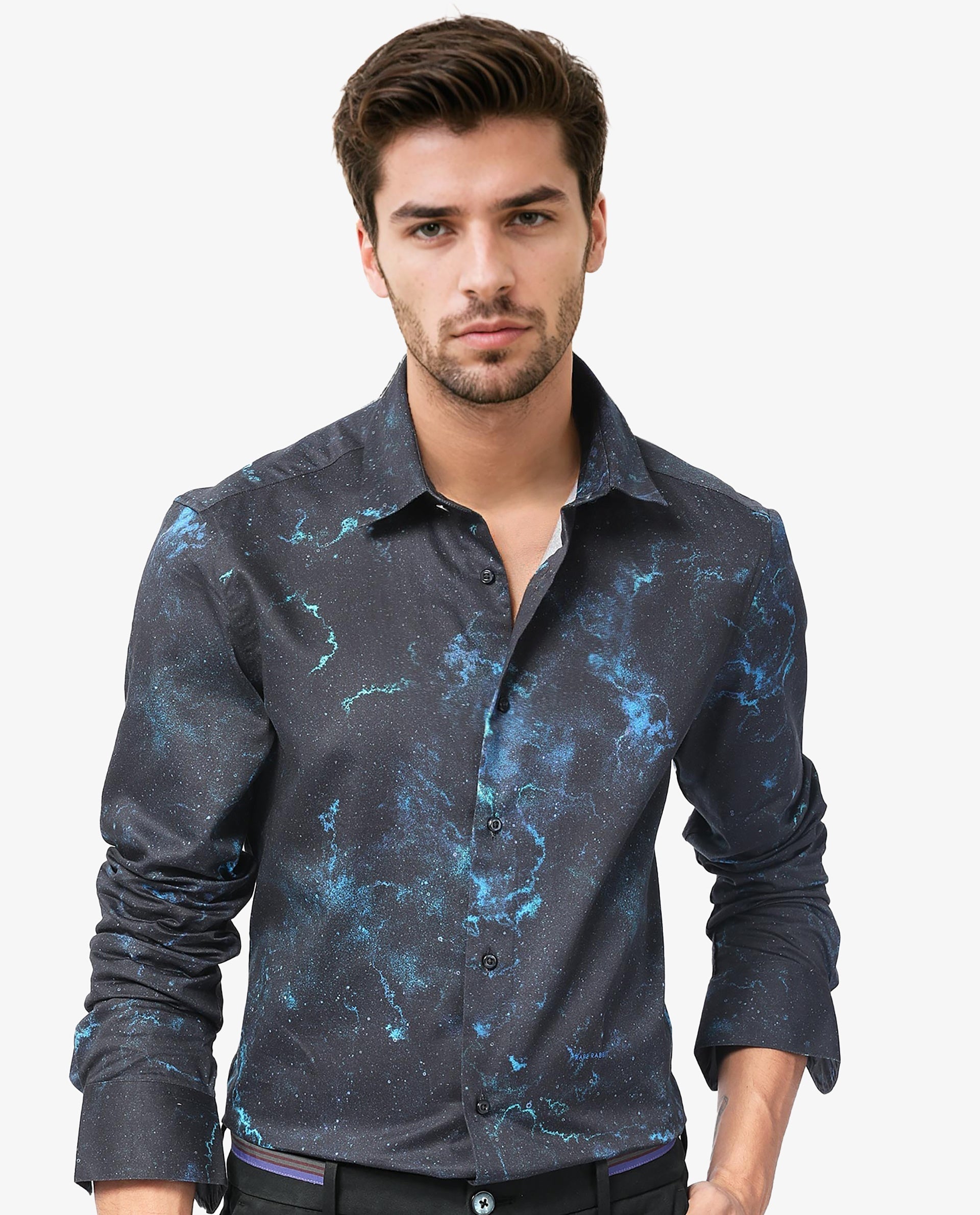 Rare Rabbit Men's Galaxx Navy Abstract Print Full Sleeves Shirt