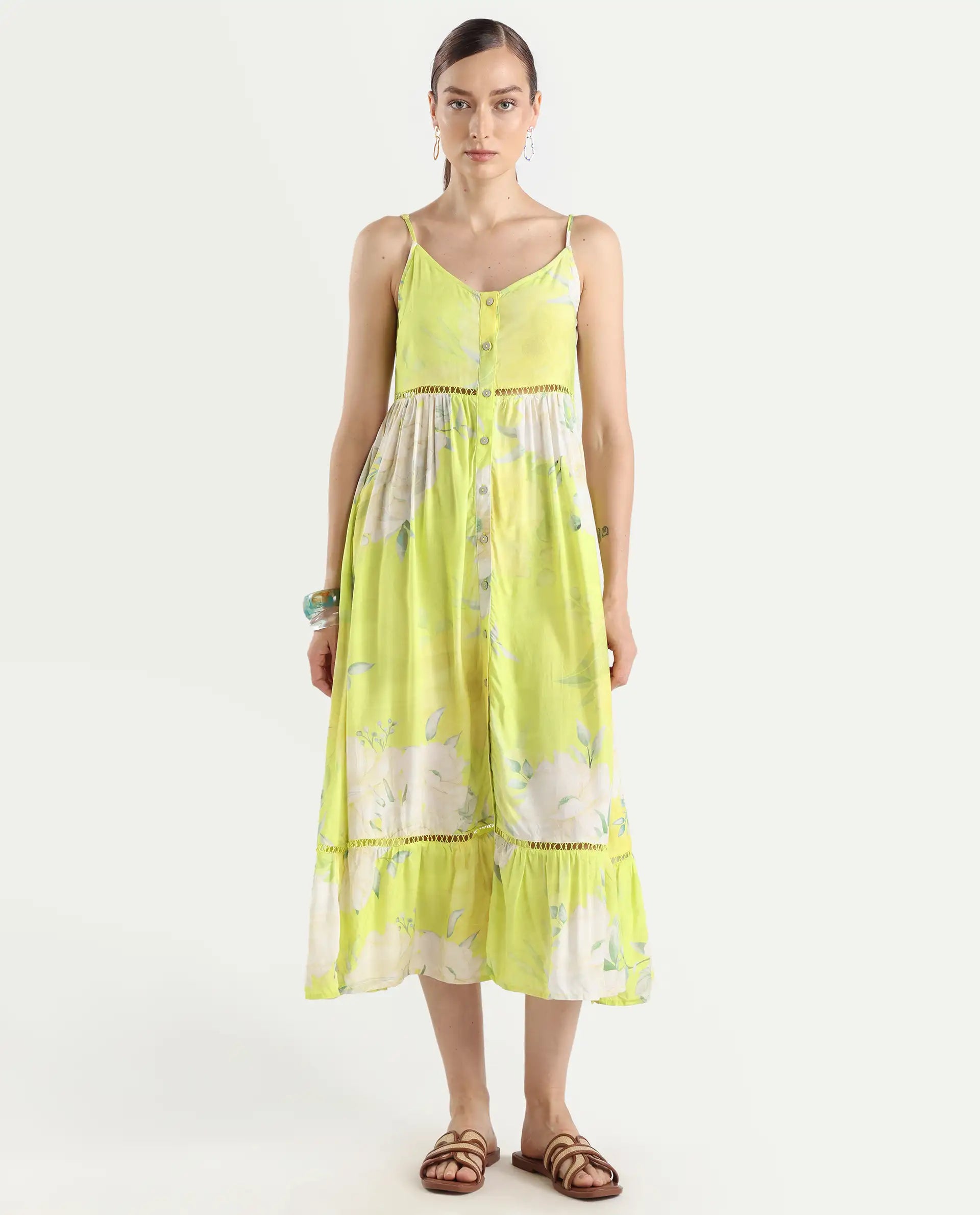 Rareism Women's Galina Flouroscent Green Viscose V-Neck Floral Print Shoulder Strap Maxi Fit And Flare Dress