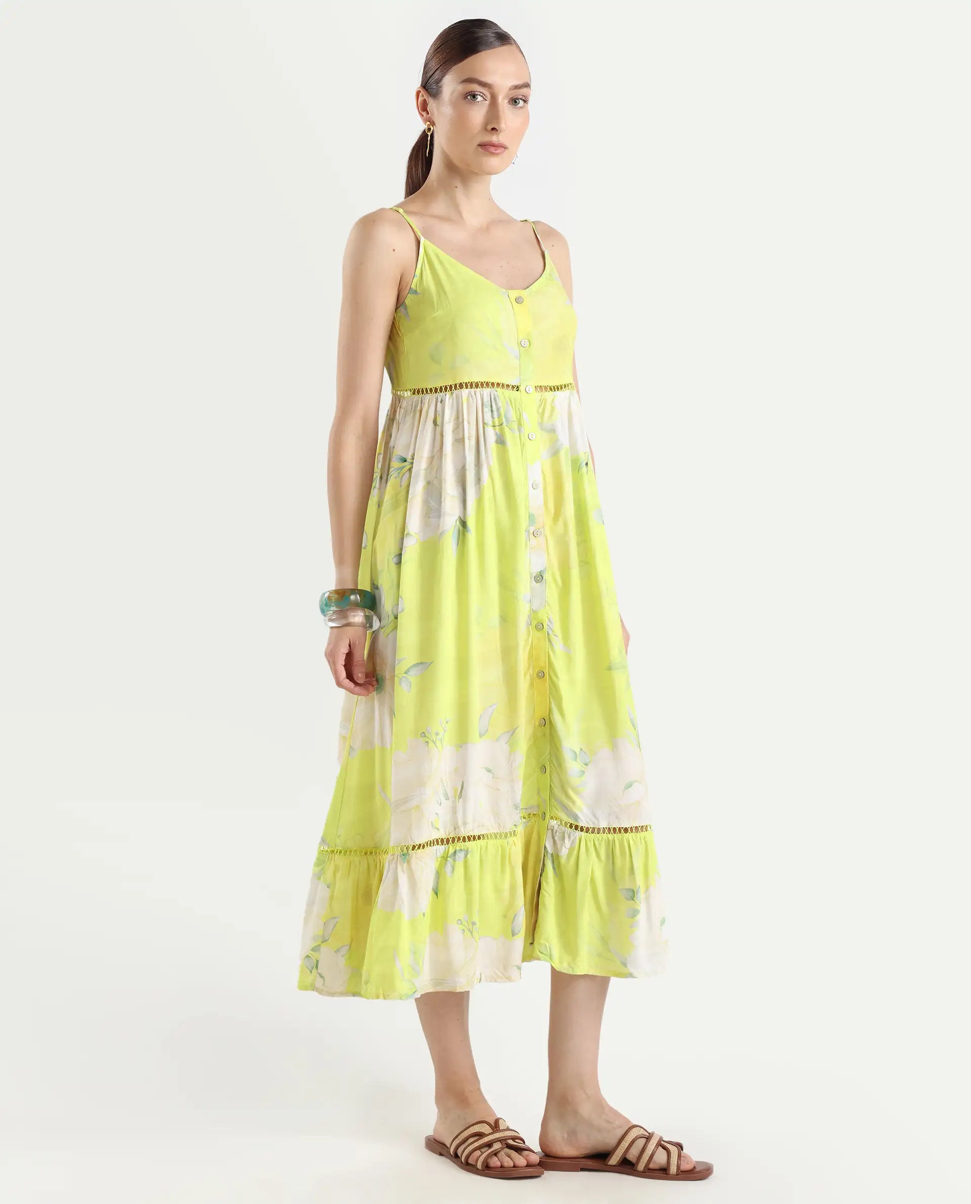 Rareism Women's Galina Flouroscent Green Viscose V-Neck Floral Print Shoulder Strap Maxi Fit And Flare Dress