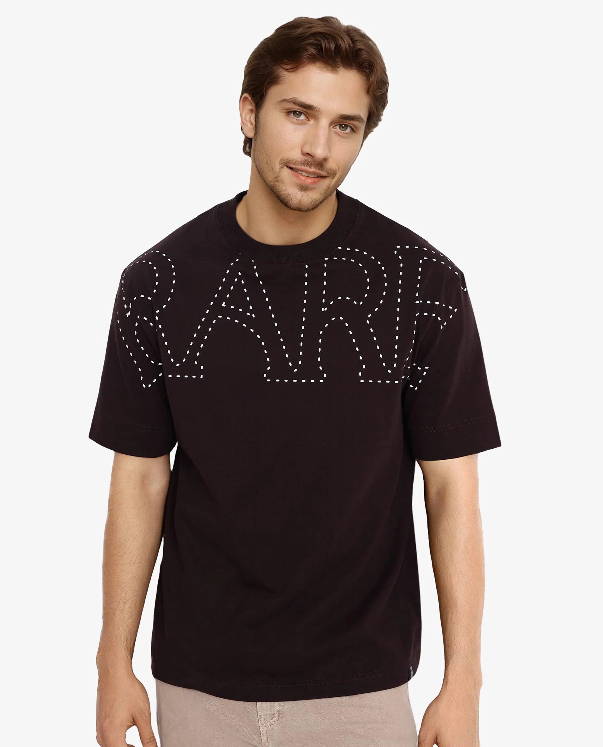 Rare Rabbit Men Galloway Dark Brown Cotton Fabric Short Sleeve Crew Neck Oversized Fit Typo Graphic Print T-Shirt