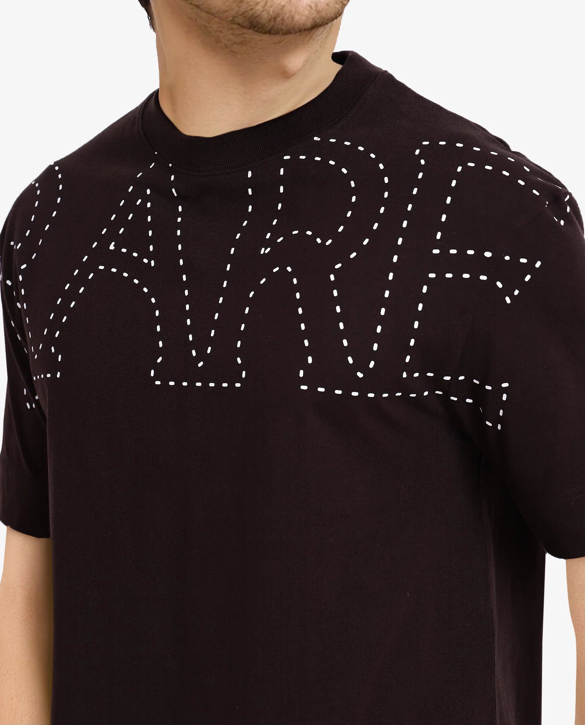 Rare Rabbit Men Galloway Dark Brown Cotton Fabric Short Sleeve Crew Neck Oversized Fit Typo Graphic Print T-Shirt