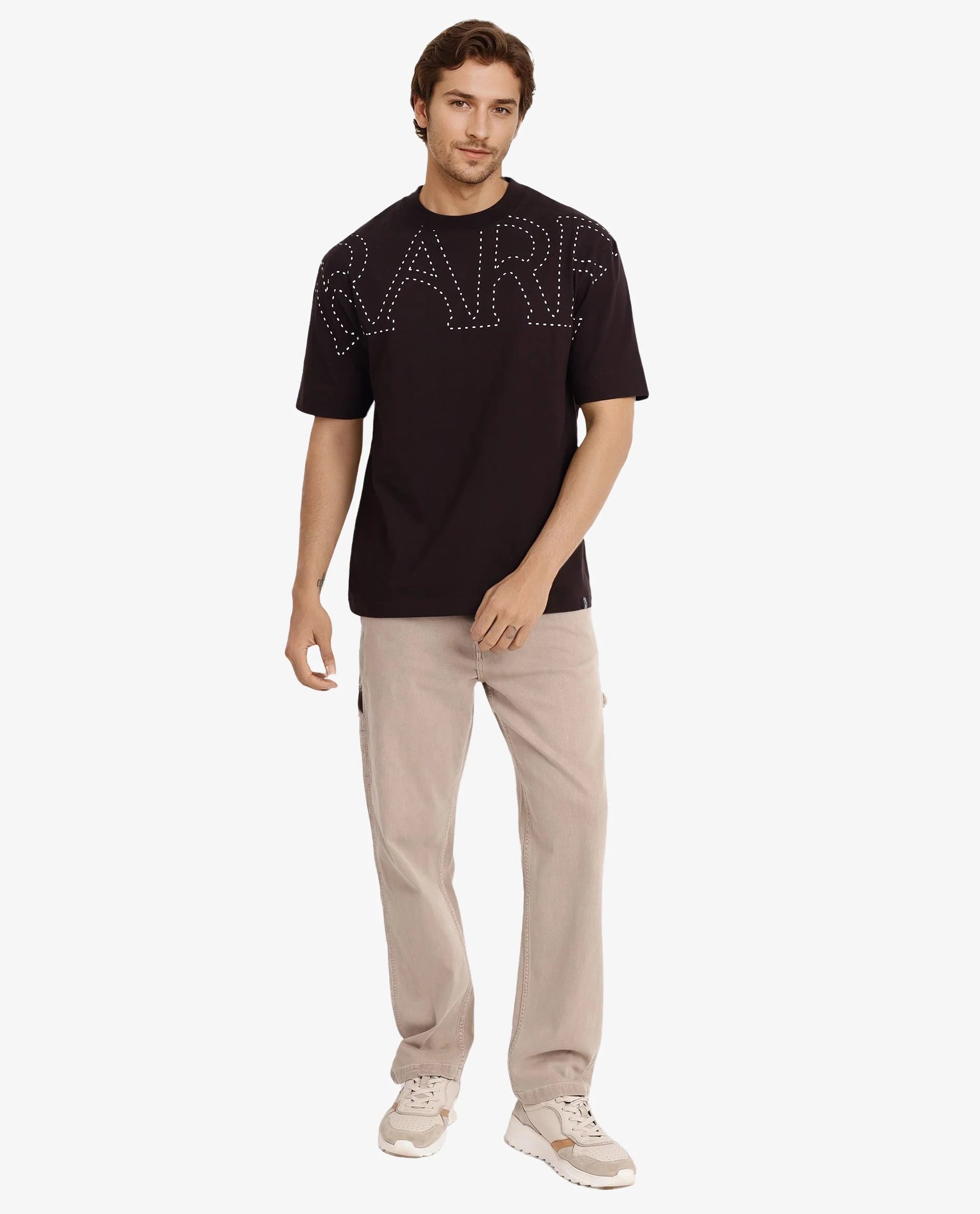 Rare Rabbit Men Galloway Dark Brown Cotton Fabric Short Sleeve Crew Neck Oversized Fit Typo Graphic Print T-Shirt