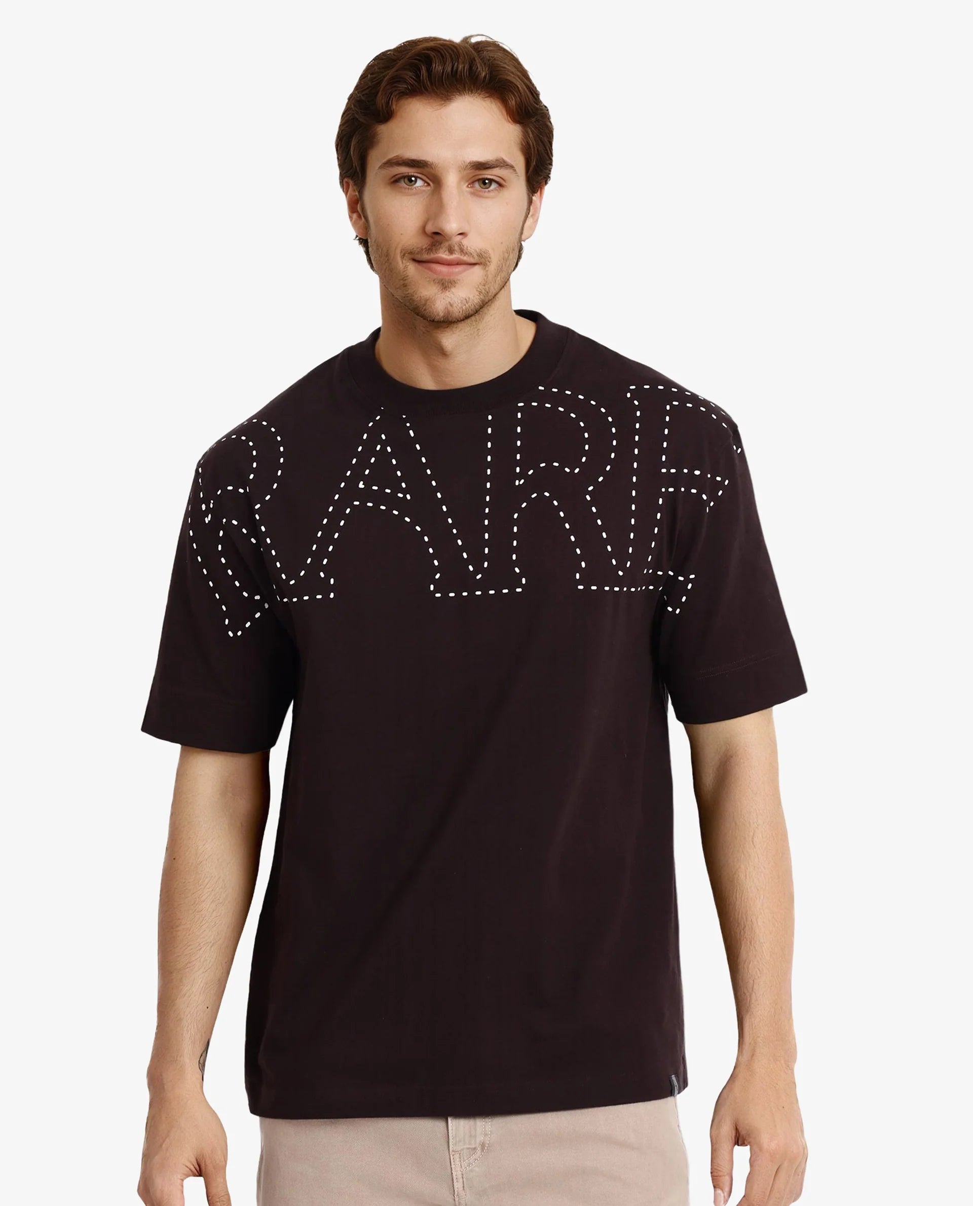Rare Rabbit Men Galloway Dark Brown Cotton Fabric Short Sleeve Crew Neck Oversized Fit Typo Graphic Print T-Shirt