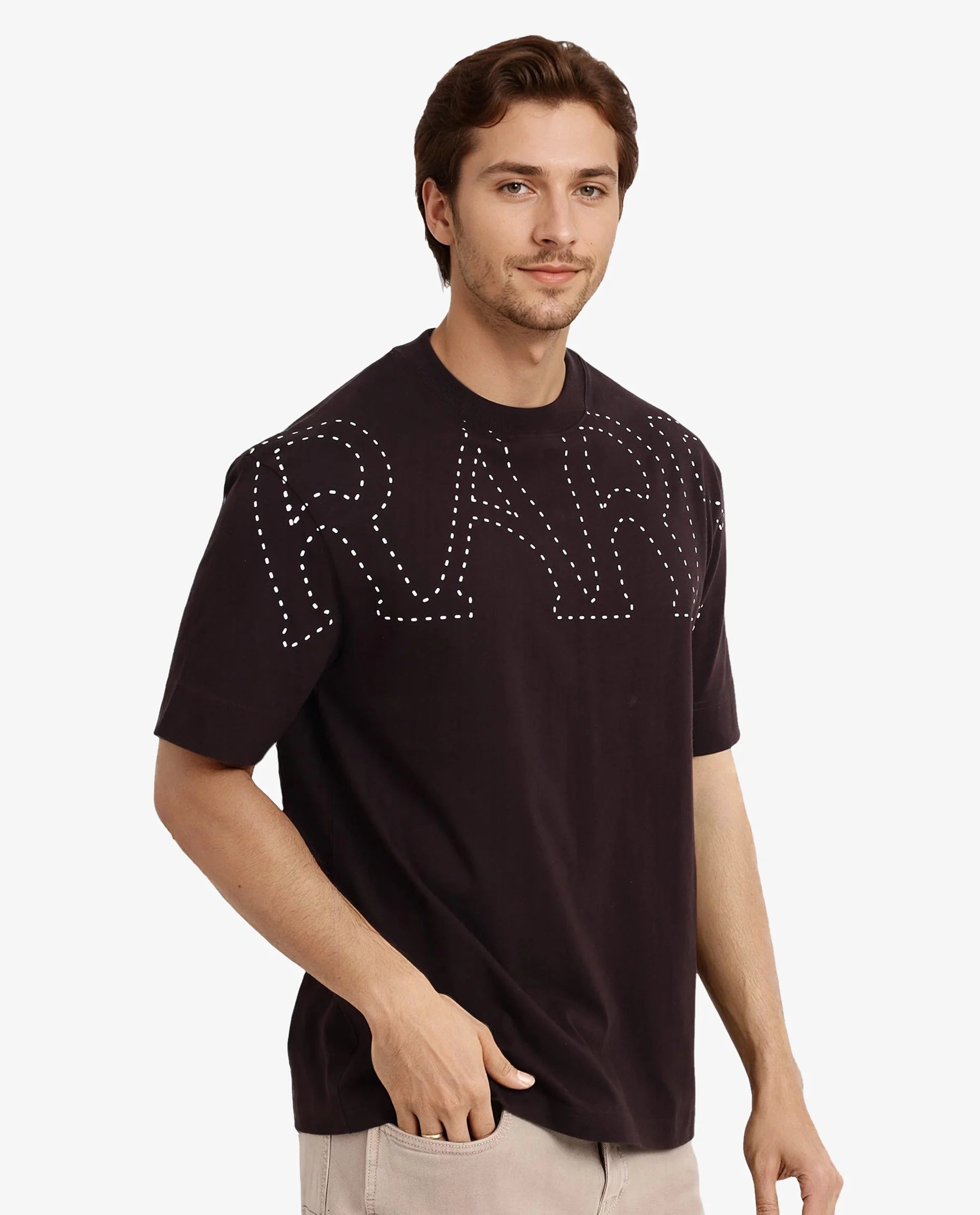 Rare Rabbit Men Galloway Dark Brown Cotton Fabric Short Sleeve Crew Neck Oversized Fit Typo Graphic Print T-Shirt