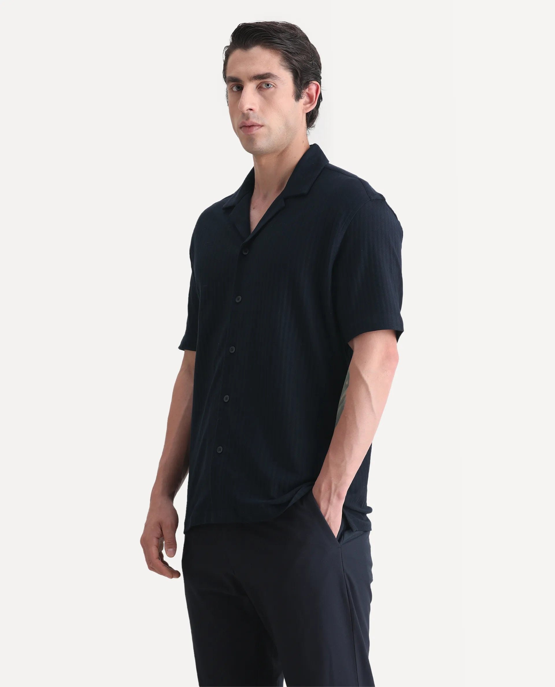 Rare Rabbit Men's Galo Navy Cotton Plain Relaxed Fit Half Sleeve Cuban Collar Shirt