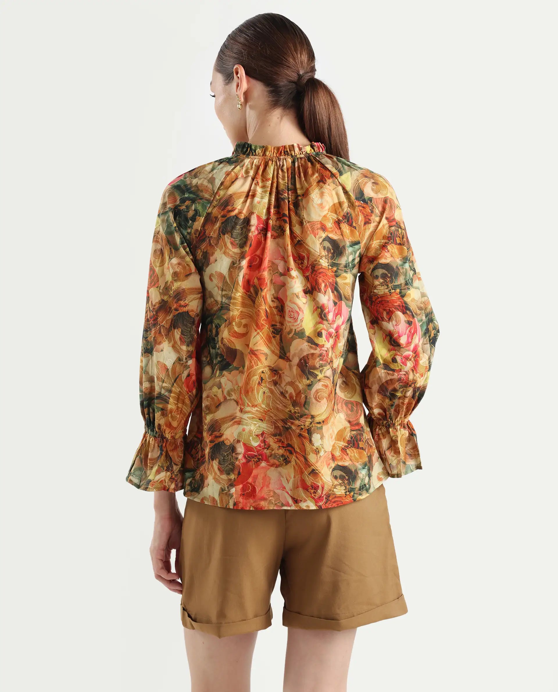 Rareism Women's Galski Multi Cotton Drop Collar Abstract Print Raglan Sleeve Regular Fit Top